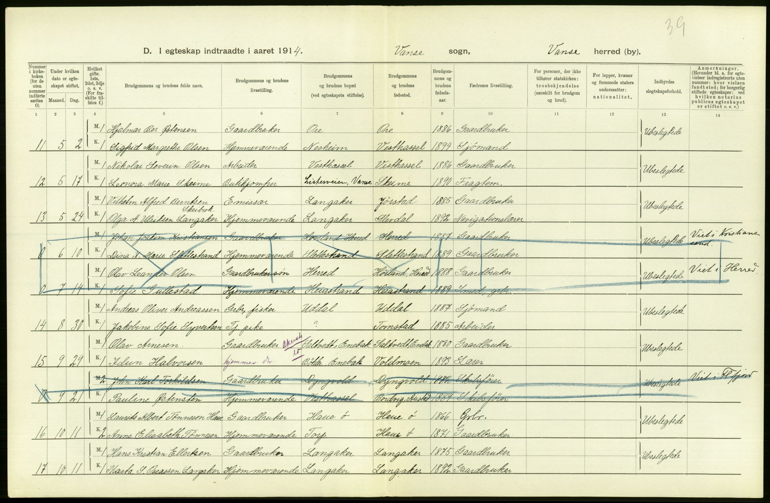 Statistisk sentralbyrå, Sosiodemografiske emner, Befolkning, AV/RA-S-2228/D/Df/Dfb/Dfbd/L0022: Lister og Mandals amt: Levendefødte menn og kvinner, samt gifte. Bygder og byer., 1914, p. 180