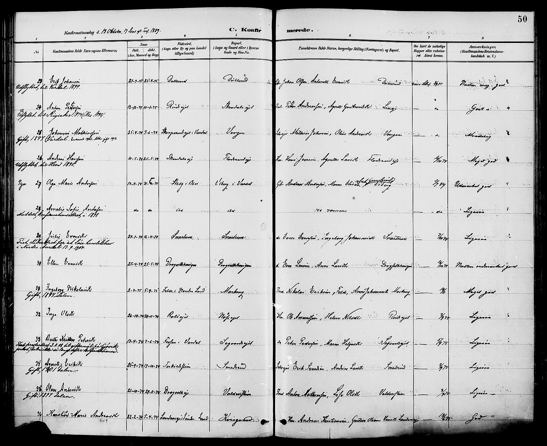 Biri prestekontor, SAH/PREST-096/H/Ha/Haa/L0007: Parish register (official) no. 7, 1887-1893, p. 50