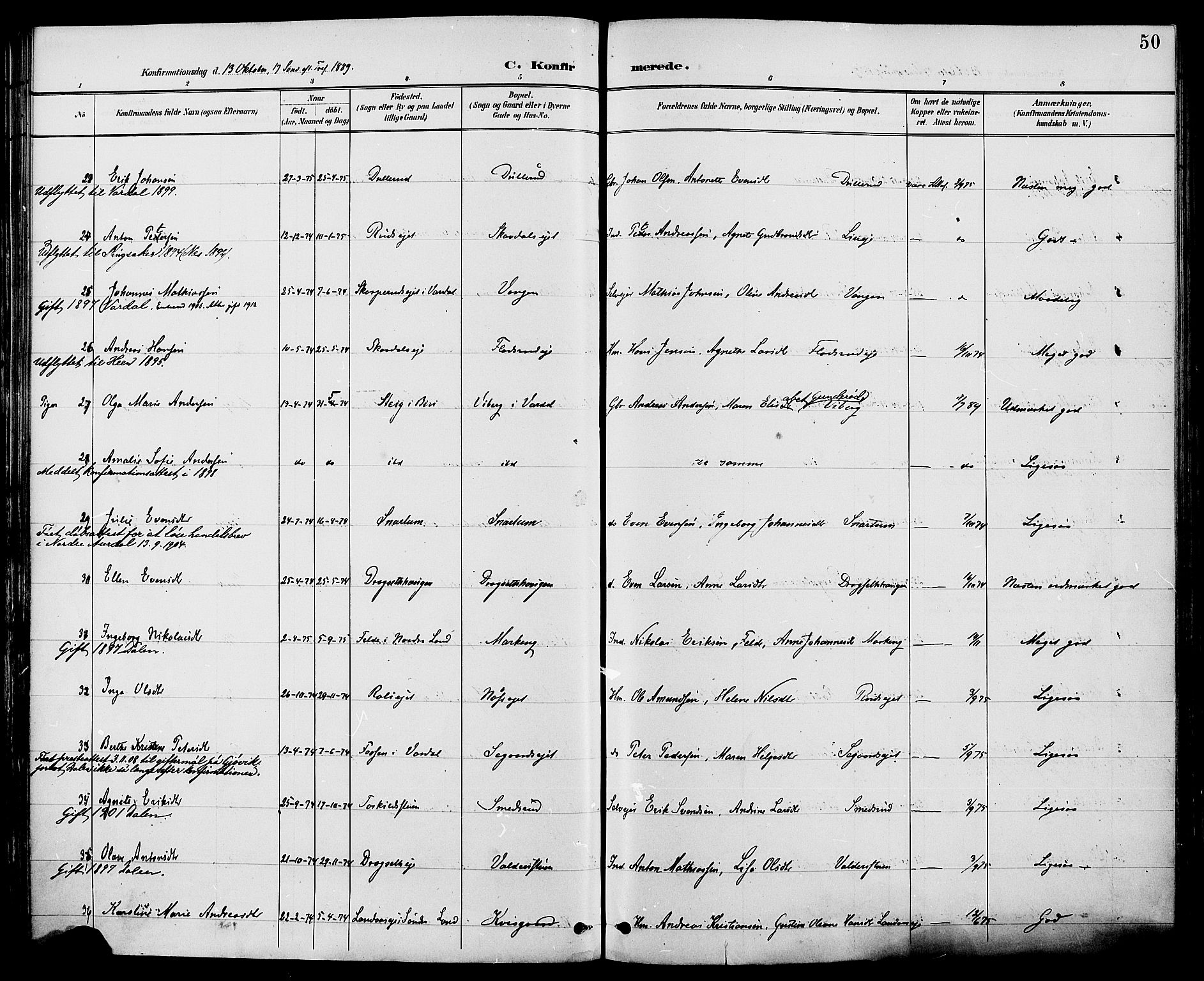 Biri prestekontor, AV/SAH-PREST-096/H/Ha/Haa/L0007: Parish register (official) no. 7, 1887-1893, p. 50