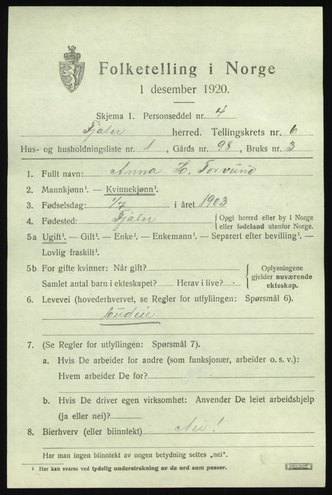 SAB, 1920 census for Fjaler, 1920, p. 3775