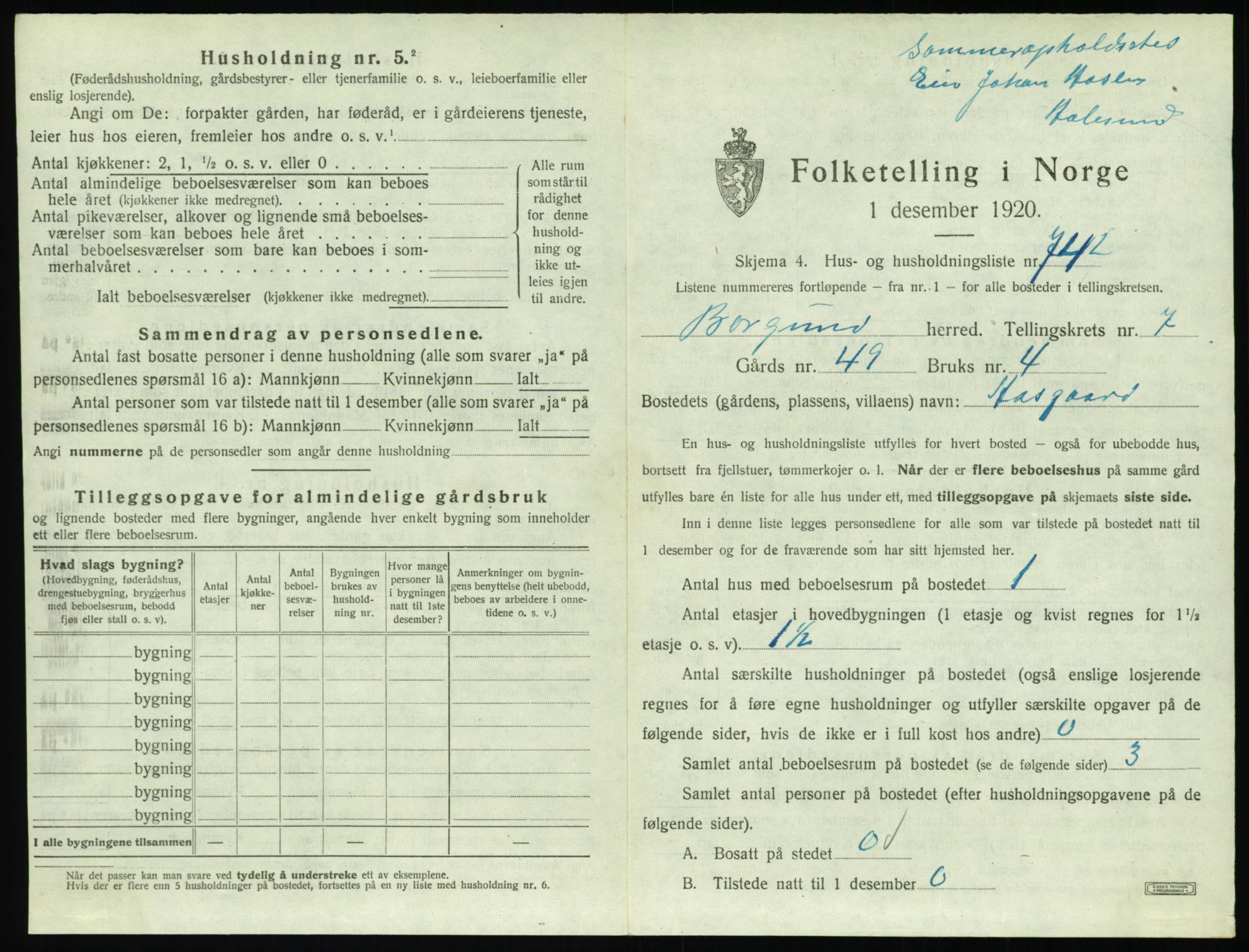 SAT, 1920 census for Borgund, 1920, p. 836