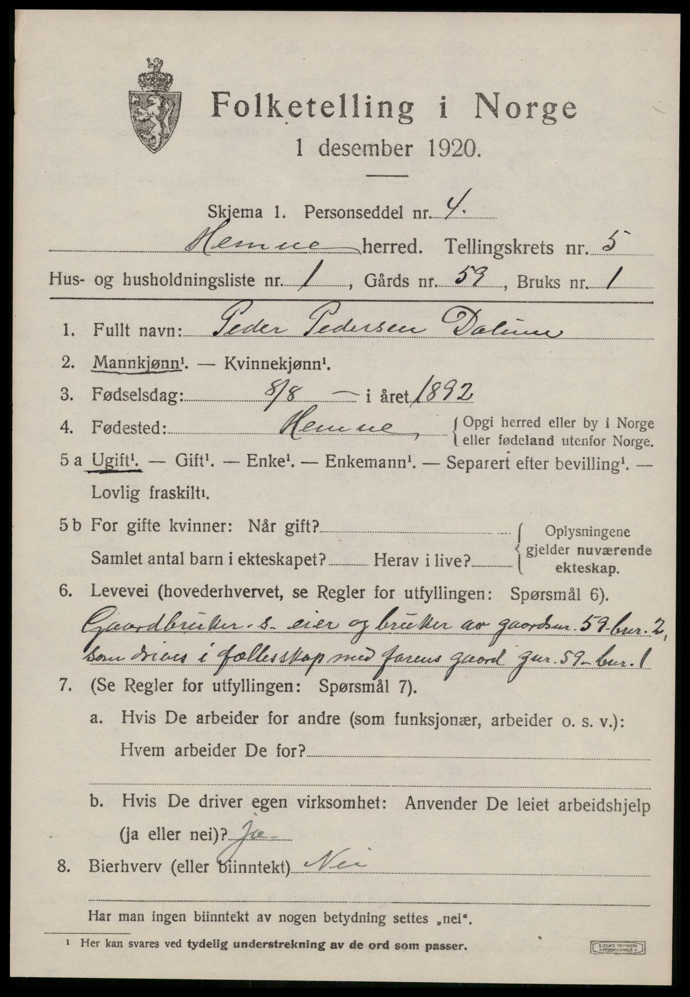 SAT, 1920 census for Hemne, 1920, p. 3104