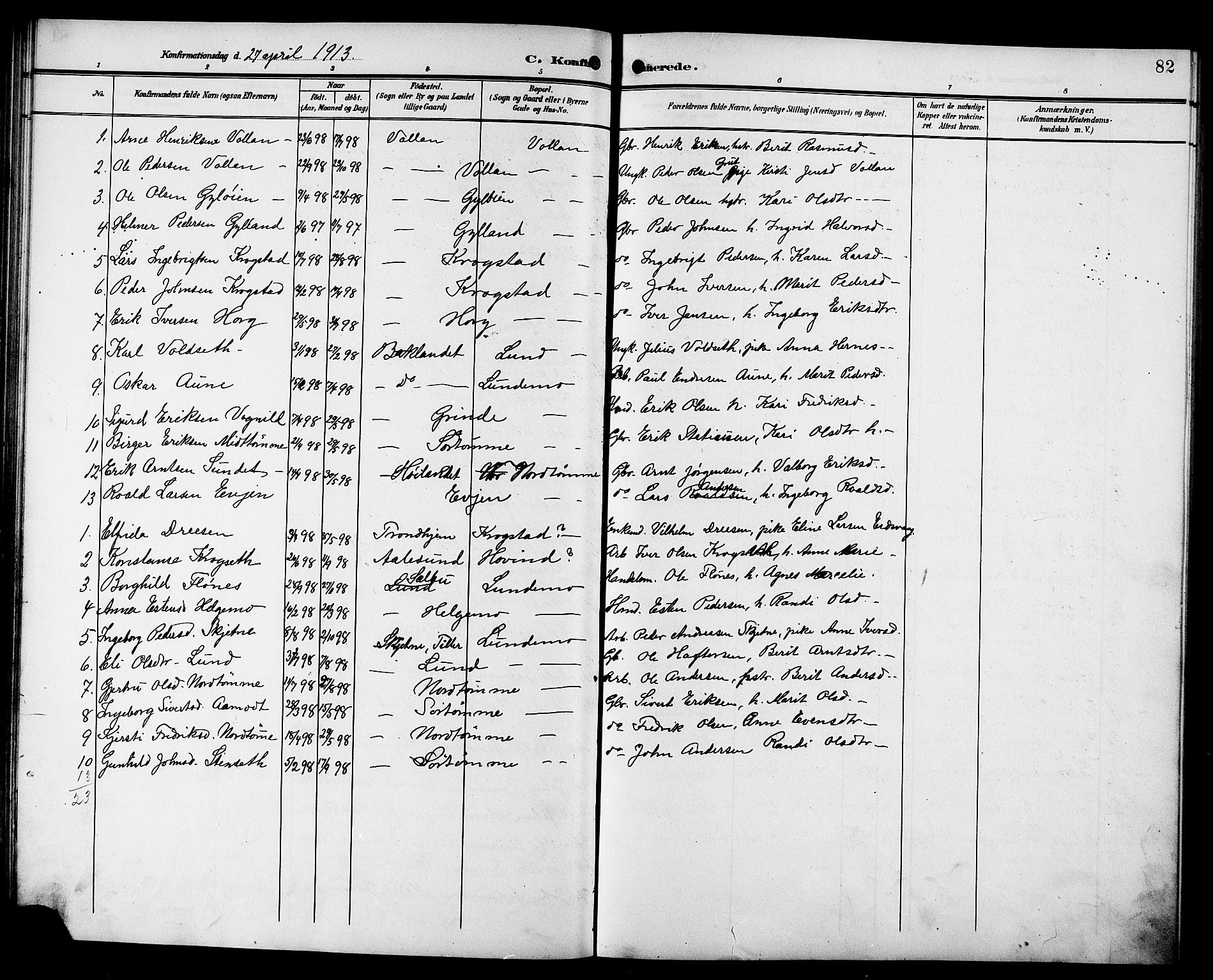 Ministerialprotokoller, klokkerbøker og fødselsregistre - Sør-Trøndelag, SAT/A-1456/692/L1112: Parish register (copy) no. 692C07, 1904-1918, p. 82