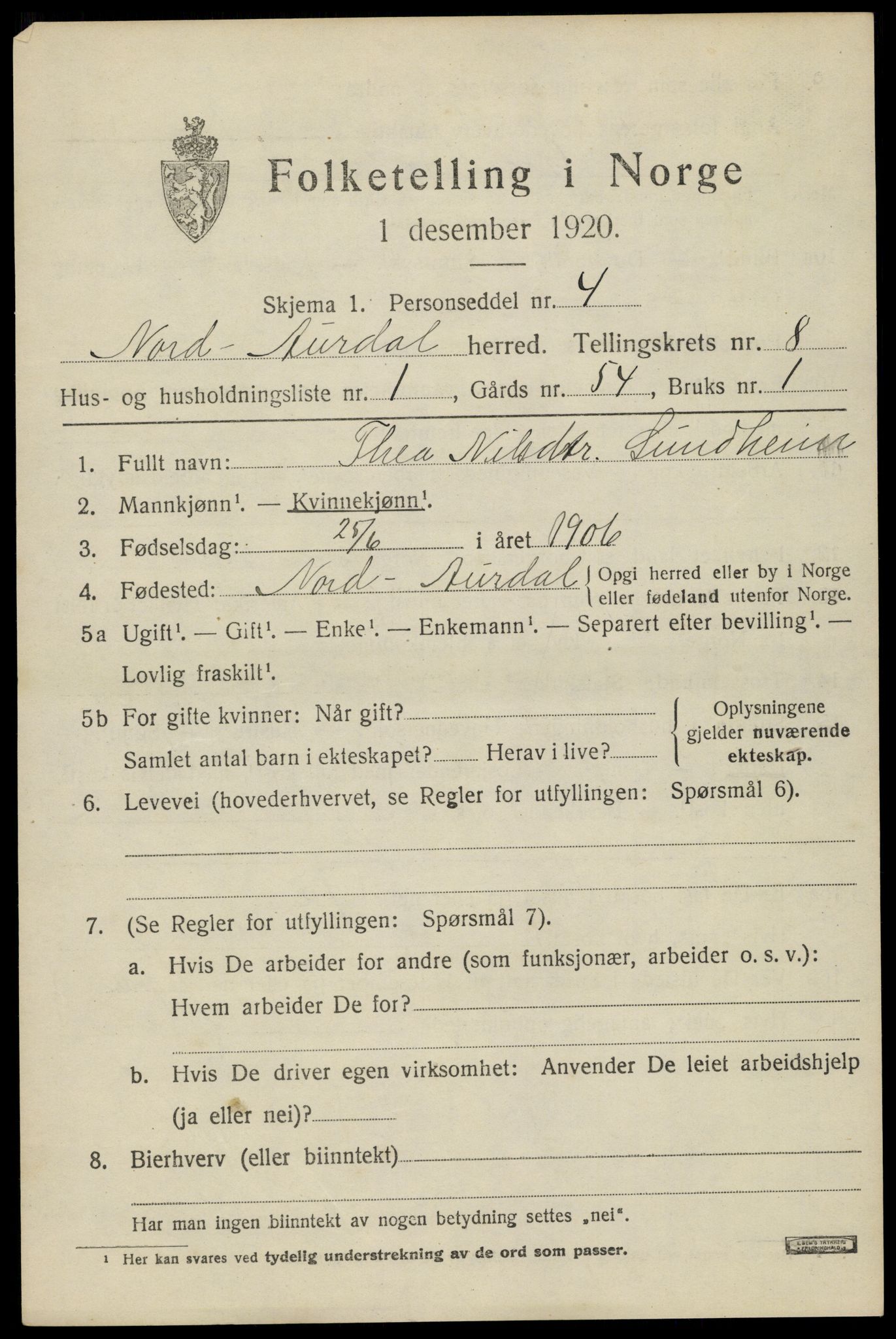 SAH, 1920 census for Nord-Aurdal, 1920, p. 6774