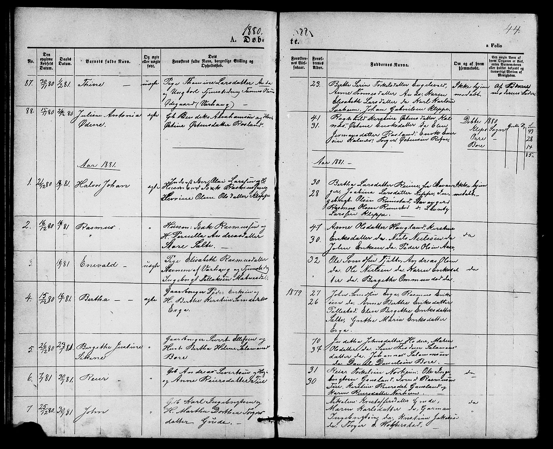 Klepp sokneprestkontor, SAST/A-101803/001/3/30BB/L0003: Parish register (copy) no. B 3, 1876-1888, p. 44