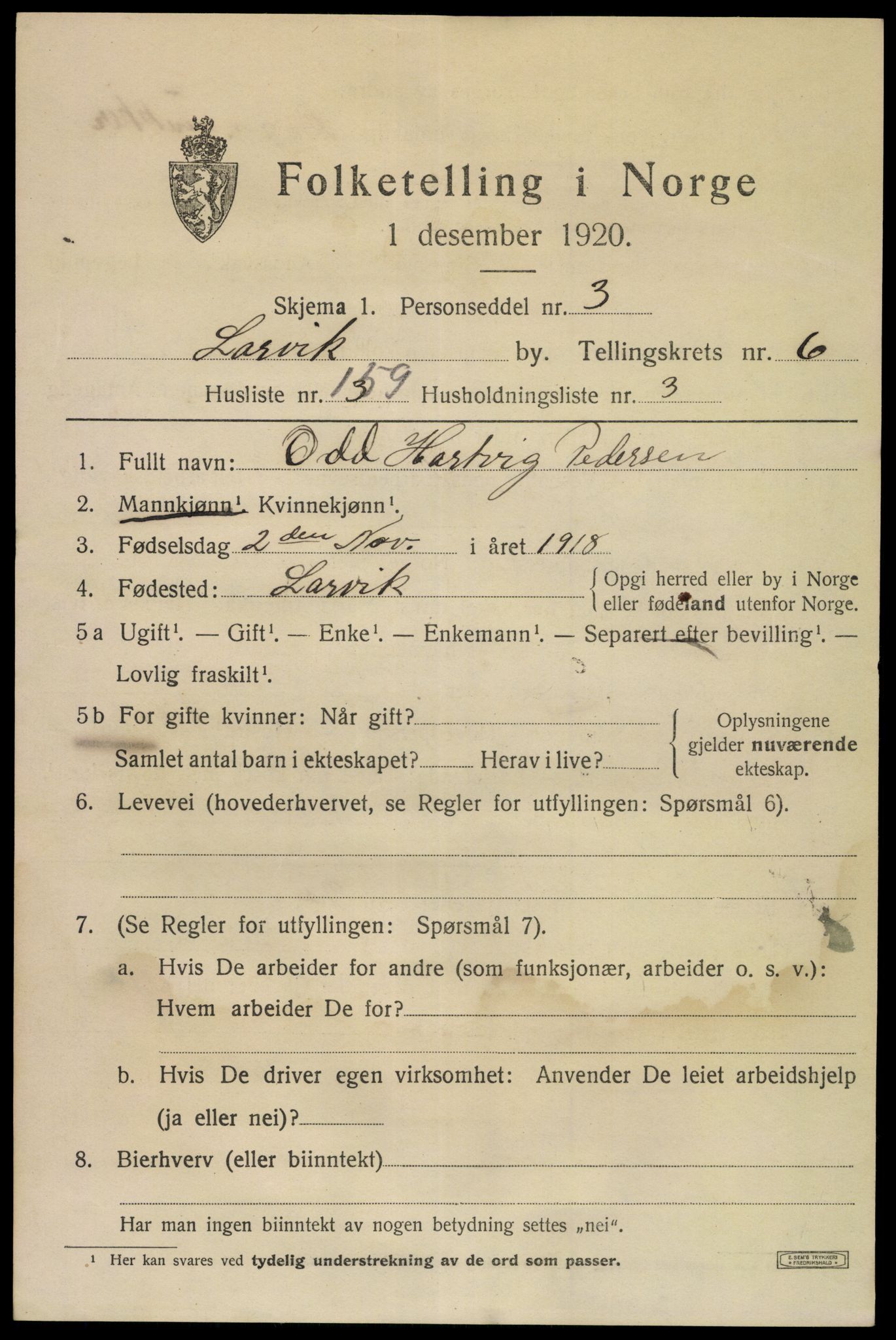 SAKO, 1920 census for Larvik, 1920, p. 20672