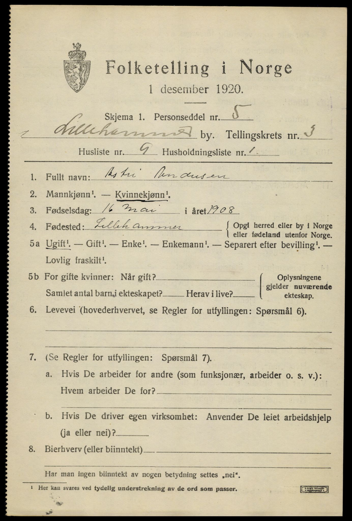 SAH, 1920 census for Lillehammer, 1920, p. 5812