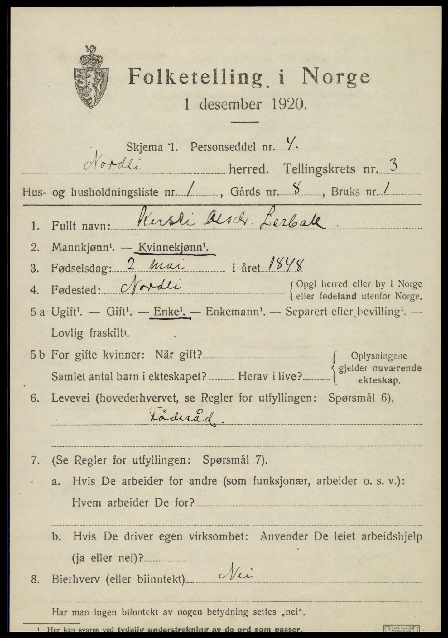 SAT, 1920 census for Nordli, 1920, p. 1413