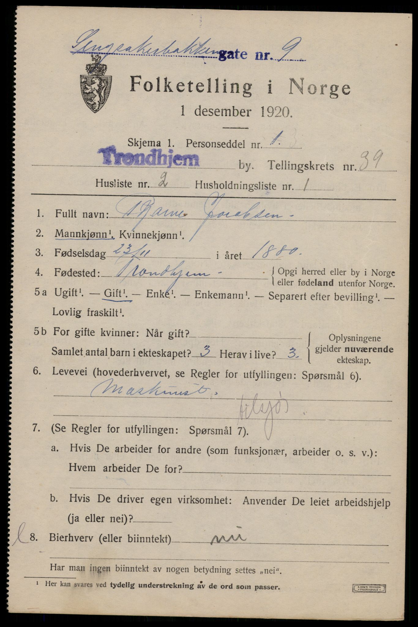 SAT, 1920 census for Trondheim, 1920, p. 87838