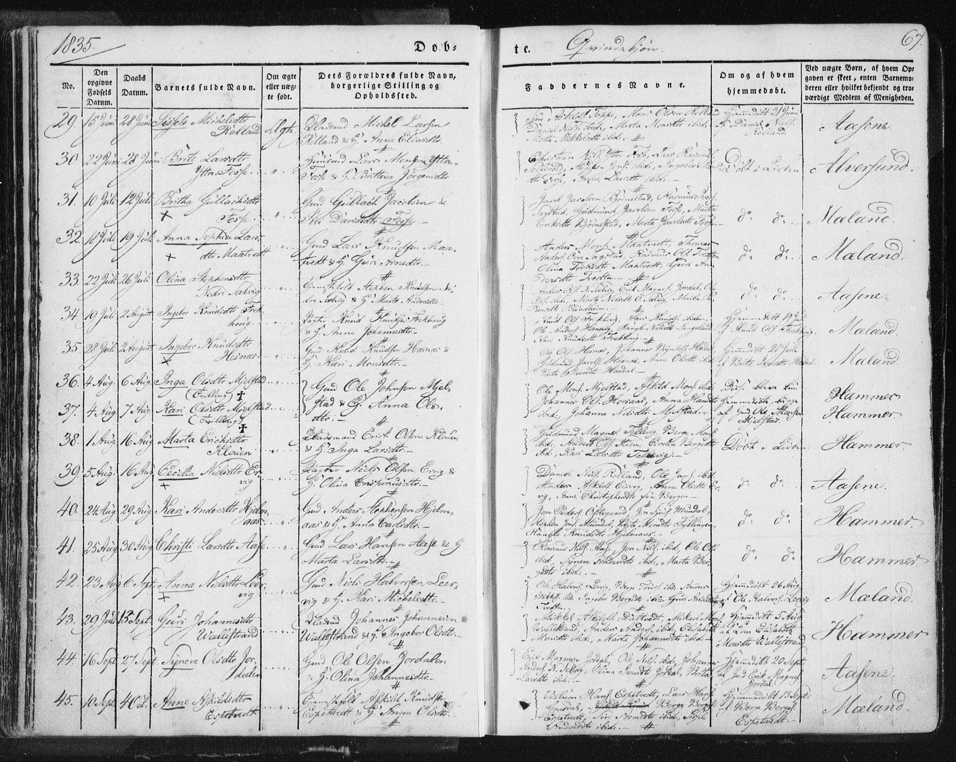 Hamre sokneprestembete, AV/SAB-A-75501/H/Ha/Haa/Haaa/L0012: Parish register (official) no. A 12, 1834-1845, p. 67