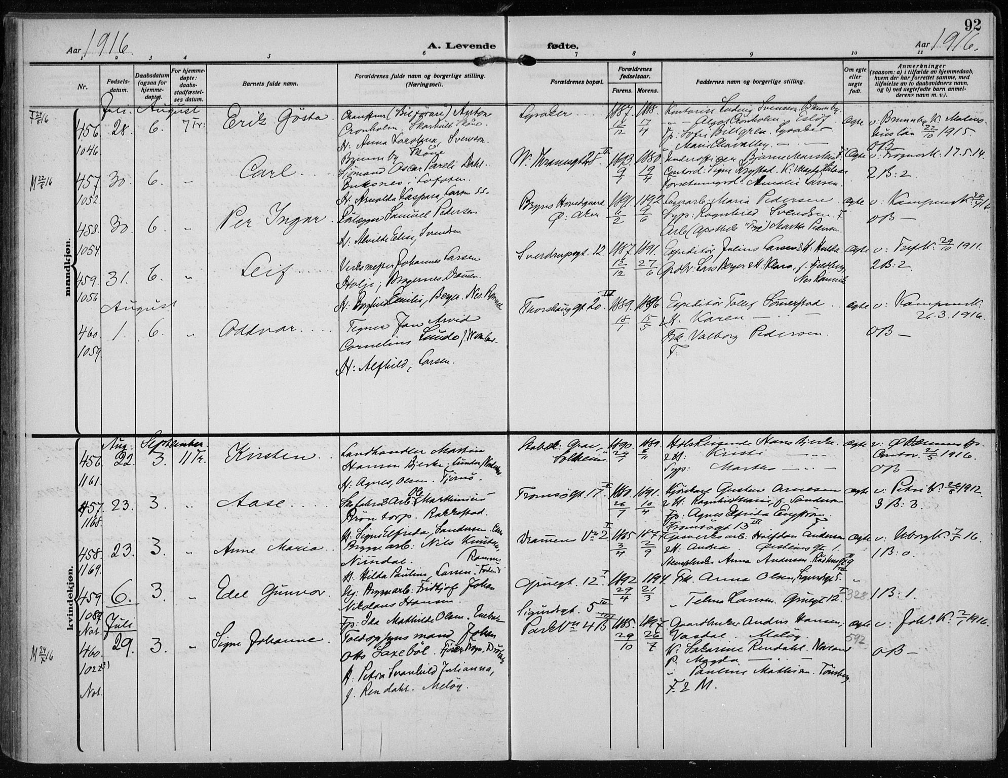Rikshospitalet prestekontor Kirkebøker, AV/SAO-A-10309b/F/L0016: Parish register (official) no. 16, 1916-1918, p. 92