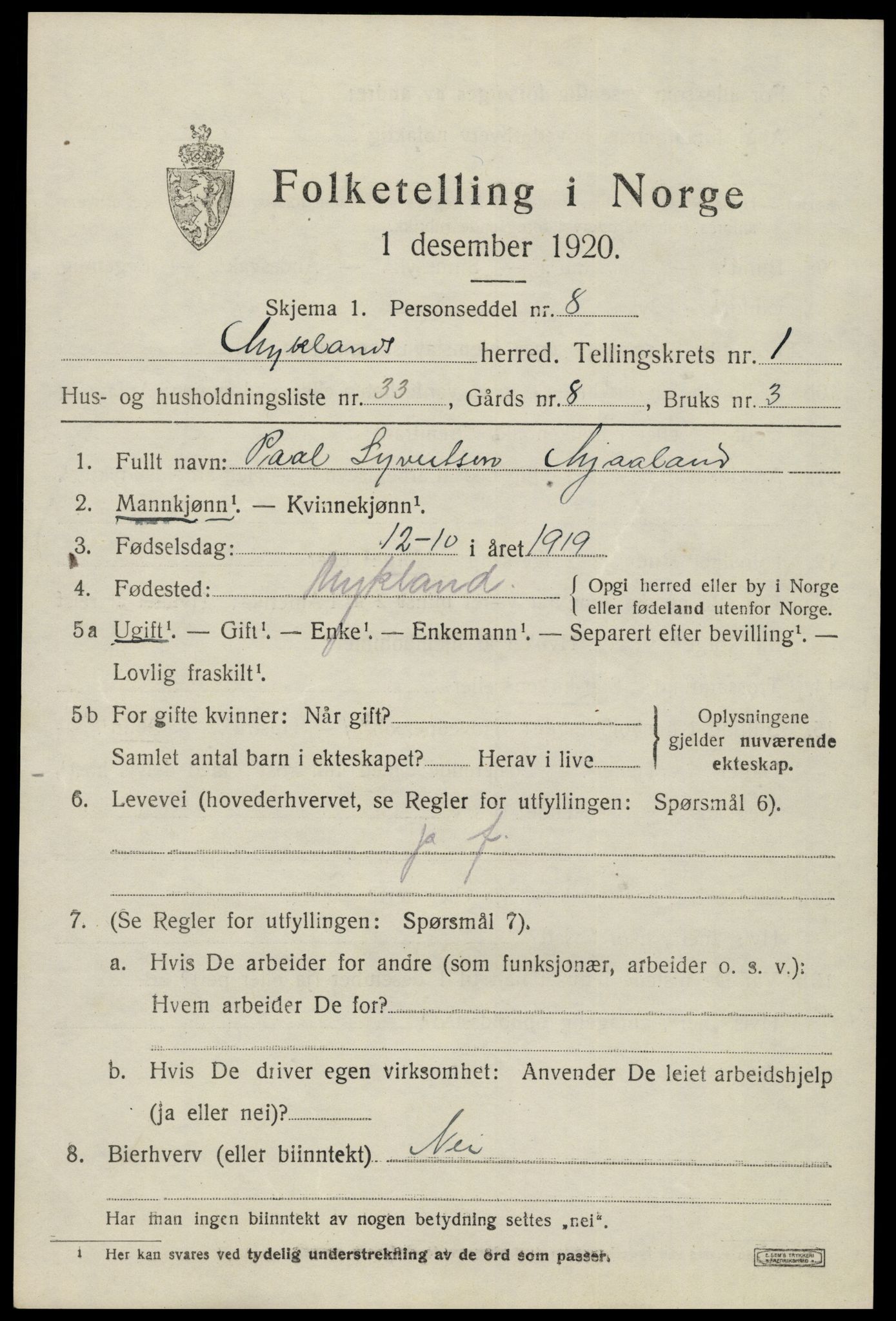 SAK, 1920 census for Mykland, 1920, p. 696