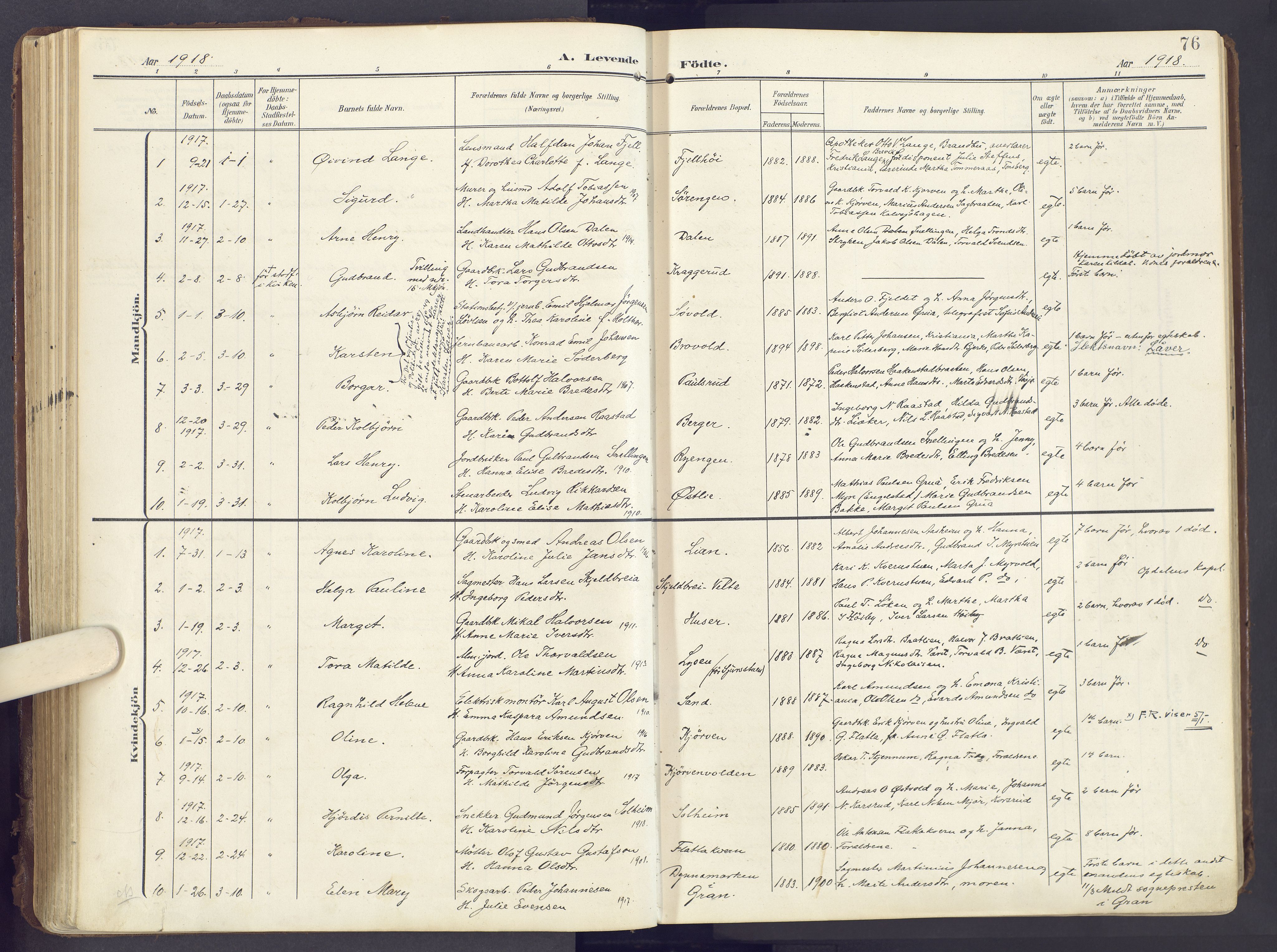 Lunner prestekontor, SAH/PREST-118/H/Ha/Haa/L0001: Parish register (official) no. 1, 1907-1922, p. 76