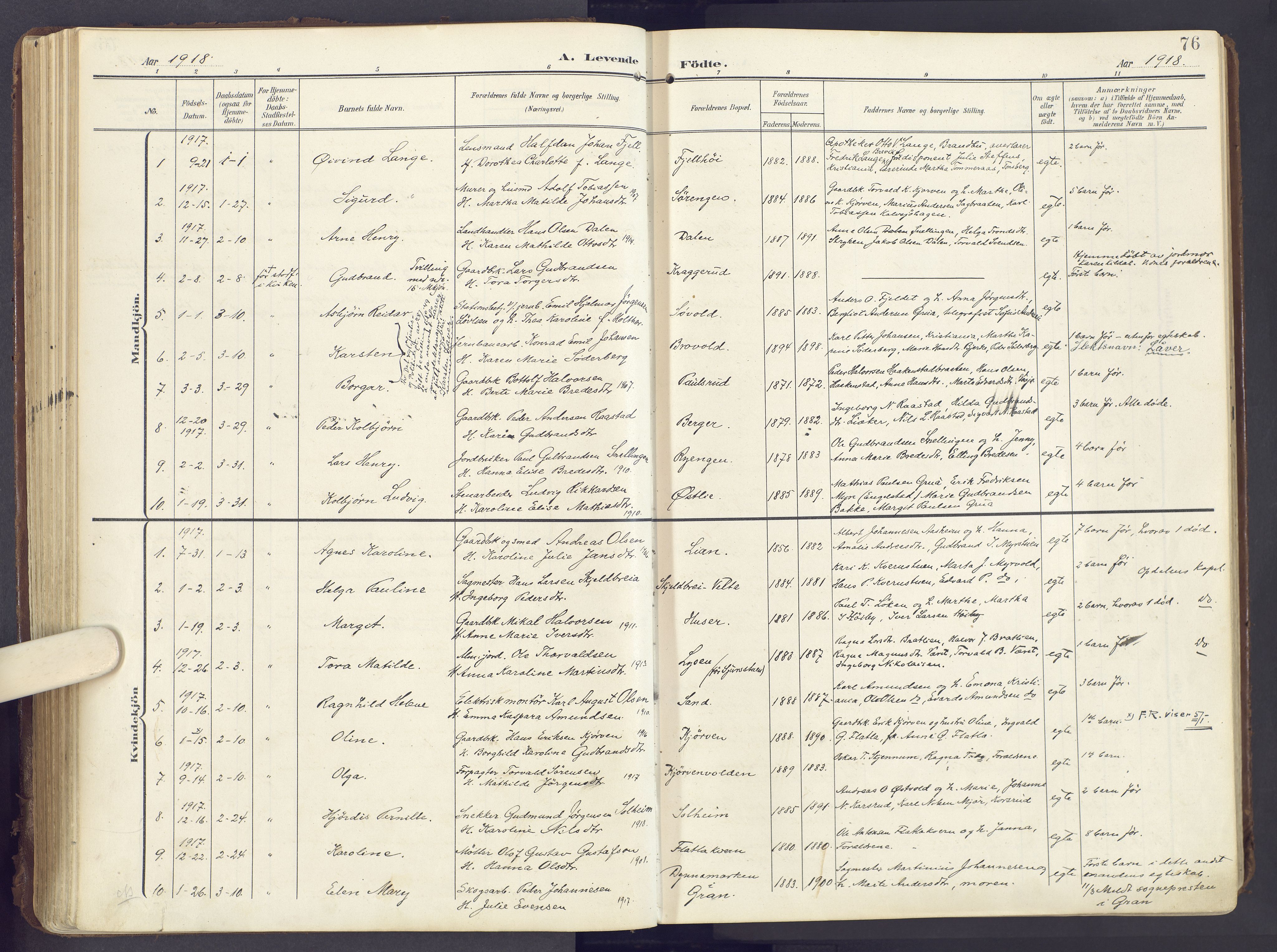 Lunner prestekontor, AV/SAH-PREST-118/H/Ha/Haa/L0001: Parish register (official) no. 1, 1907-1922, p. 76