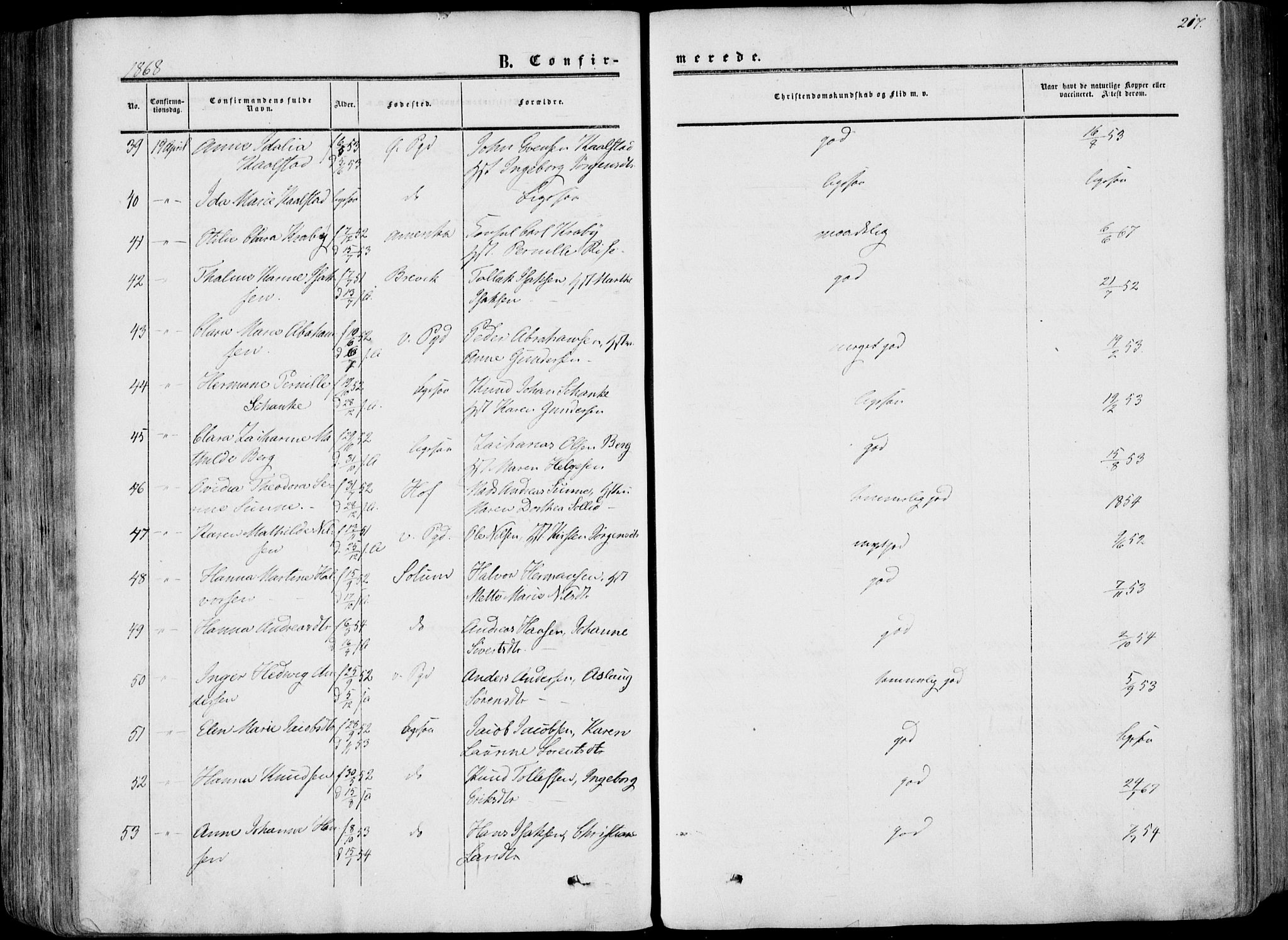 Porsgrunn kirkebøker , AV/SAKO-A-104/F/Fa/L0007: Parish register (official) no. 7, 1858-1877, p. 217