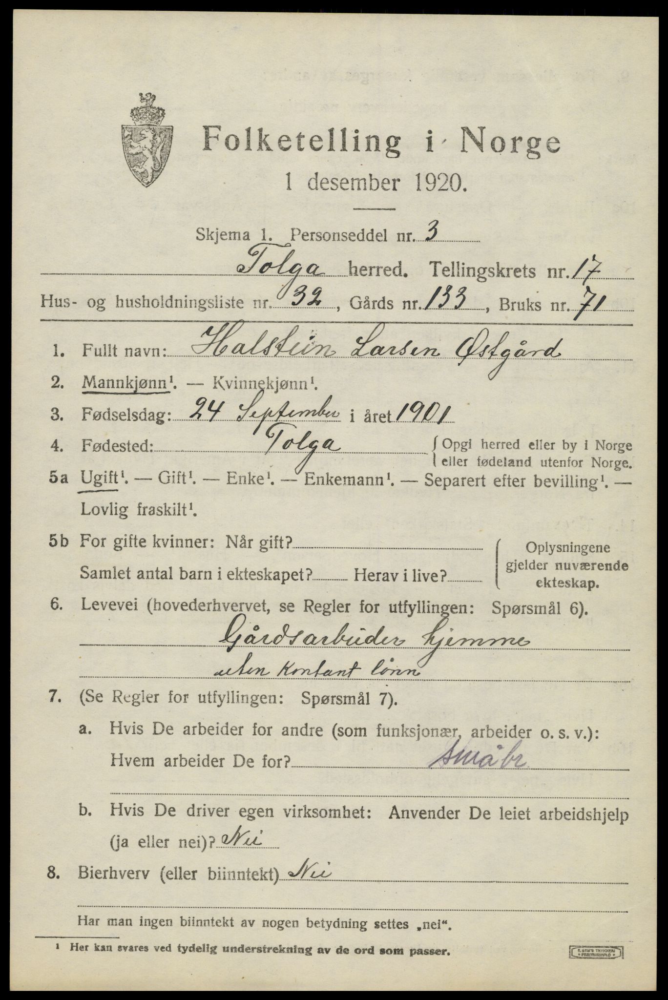 SAH, 1920 census for Tolga, 1920, p. 8149