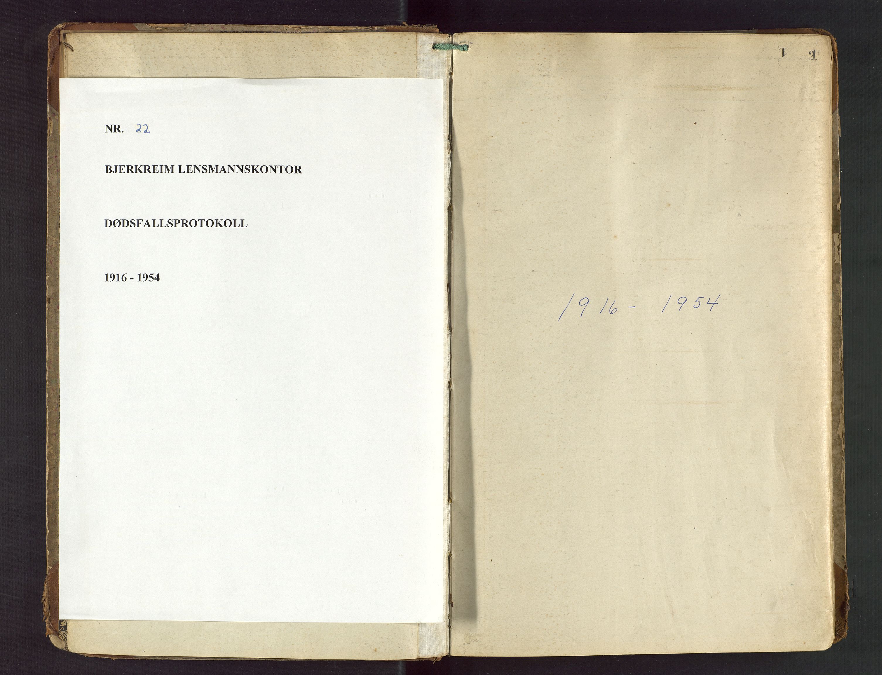 Bjerkreim lensmannskontor, SAST/A-100090/Gga/L0002: "Dødsanmeldelsesprotokoll", 1916-1954, p. 1