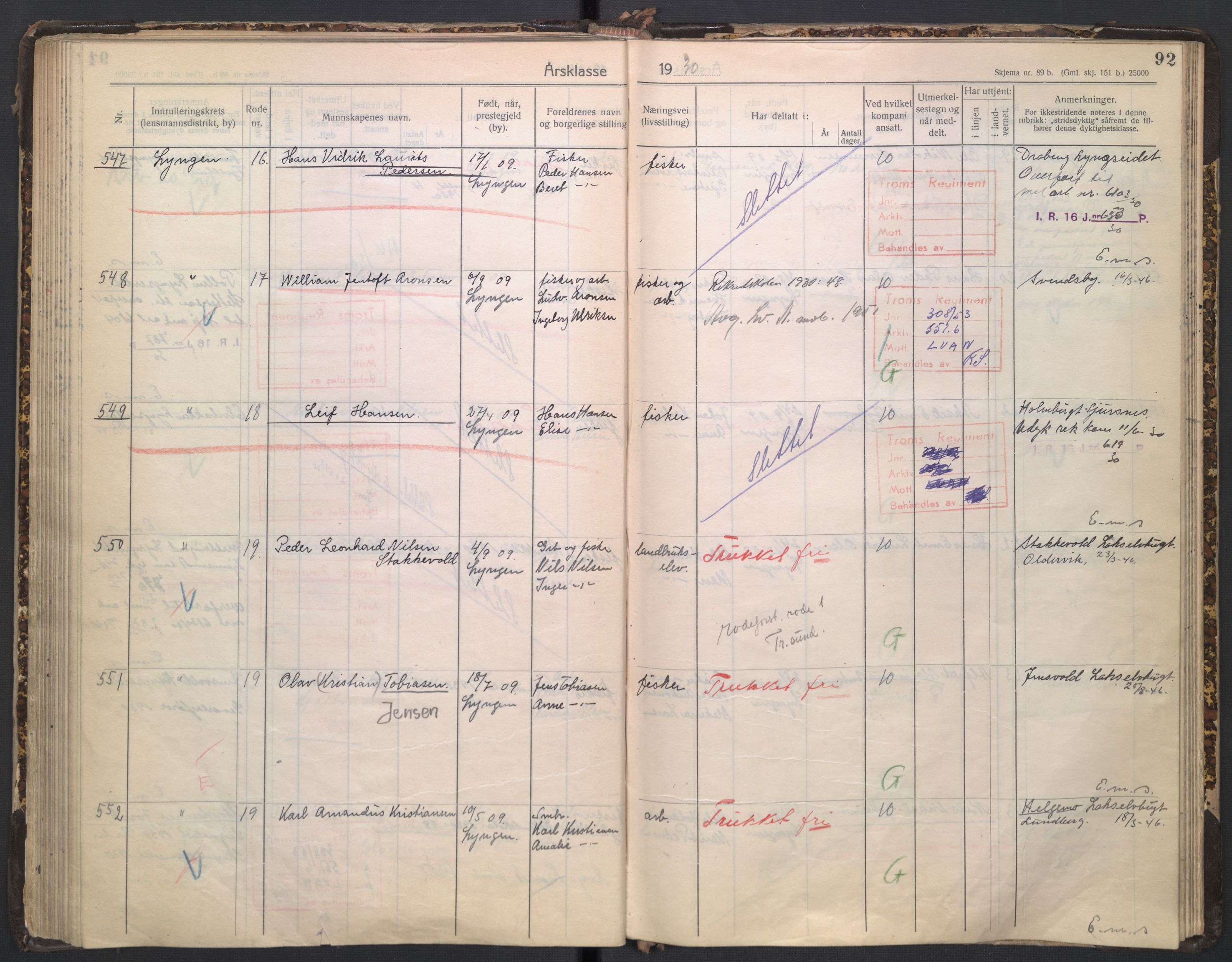 Forsvaret, Troms infanteriregiment nr. 16, AV/RA-RAFA-3146/P/Pa/L0005/0003: Ruller / Rulle for regimentets stridende menige mannskaper, årsklasse 1930, 1930, p. 92