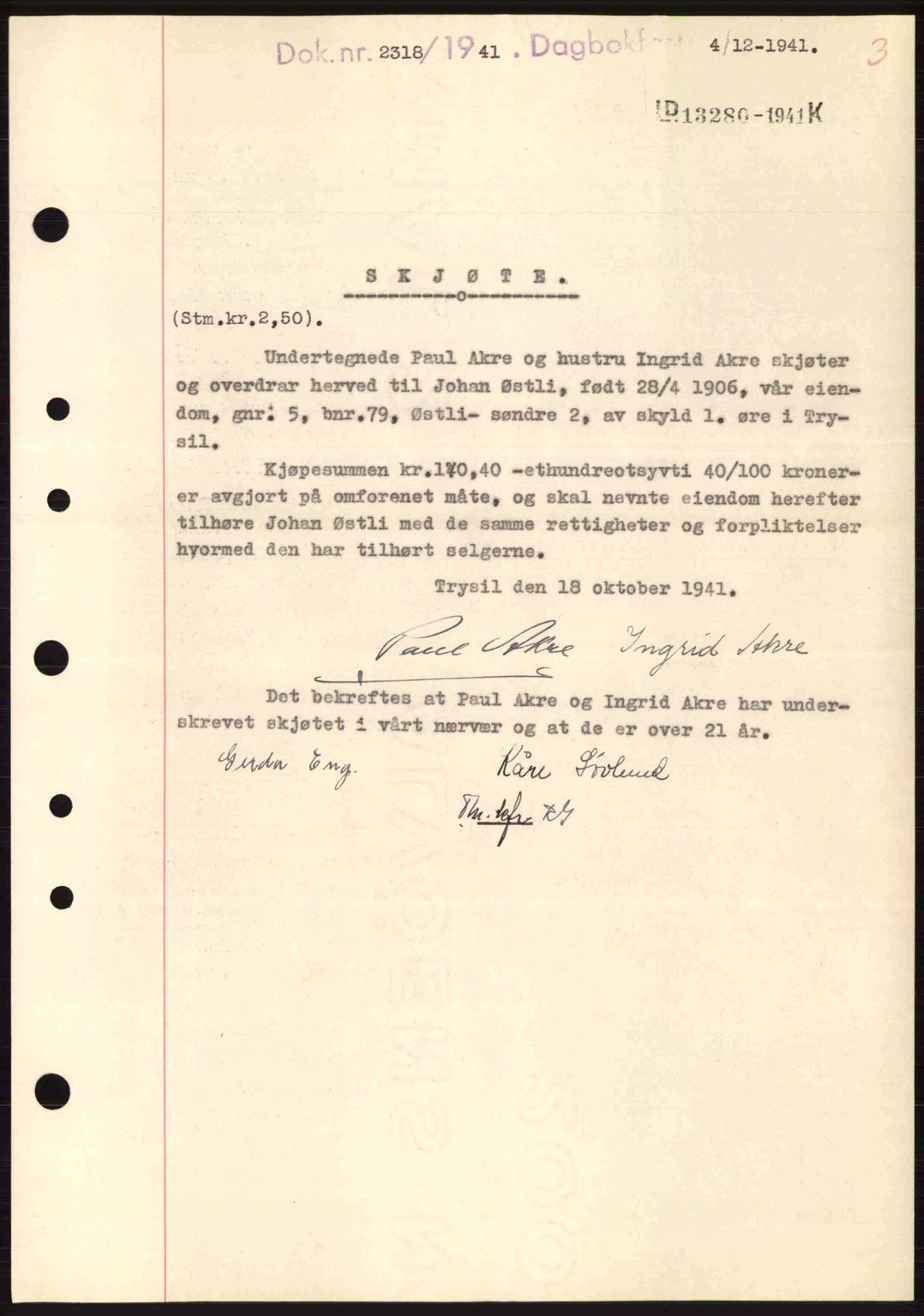 Sør-Østerdal sorenskriveri, AV/SAH-TING-018/H/Hb/Hbb/L0066: Mortgage book no. A66, 1941-1942, Diary no: : 2318/1941