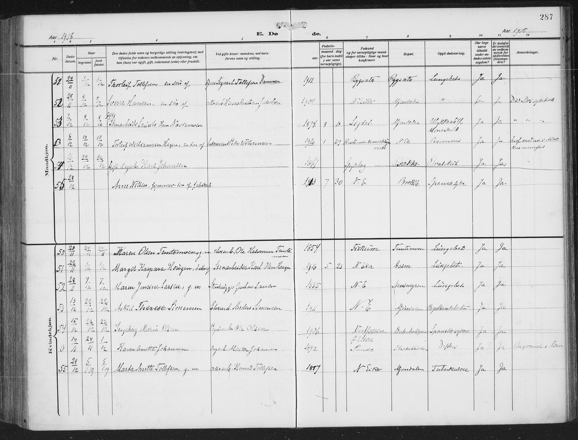 Nedre Eiker kirkebøker, AV/SAKO-A-612/F/Fa/L0007: Parish register (official) no. 7, 1912-1918, p. 287