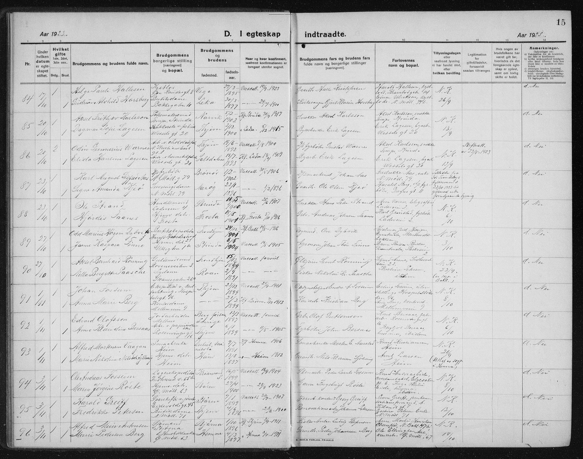 Ministerialprotokoller, klokkerbøker og fødselsregistre - Sør-Trøndelag, AV/SAT-A-1456/605/L0260: Parish register (copy) no. 605C07, 1922-1942, p. 15
