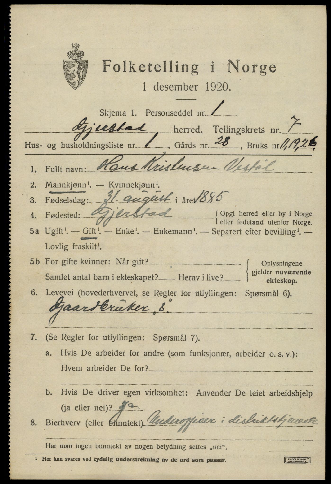 SAK, 1920 census for Gjerstad, 1920, p. 4627