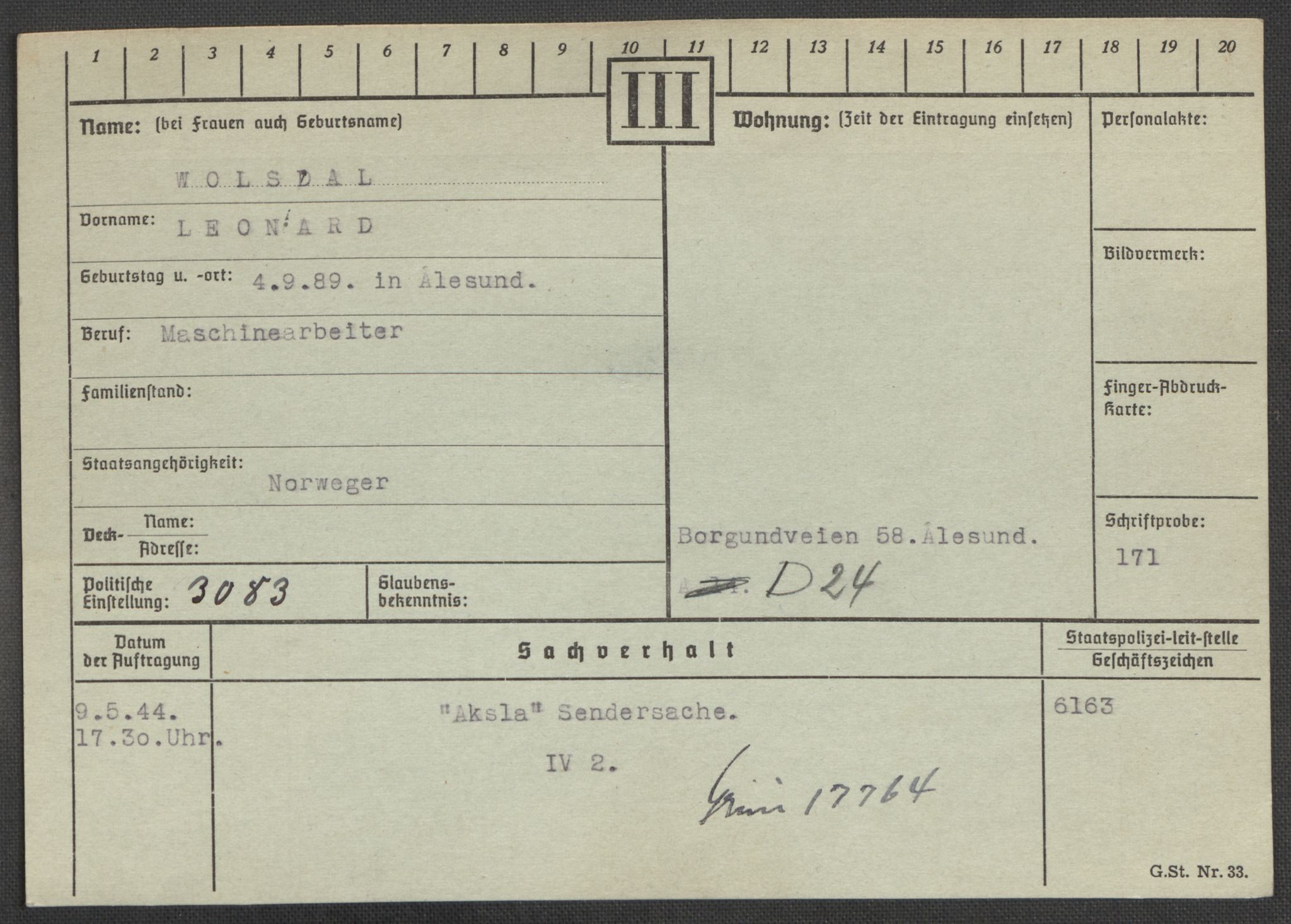 Befehlshaber der Sicherheitspolizei und des SD, AV/RA-RAFA-5969/E/Ea/Eaa/L0010: Register over norske fanger i Møllergata 19: Sø-Å, 1940-1945, p. 1120