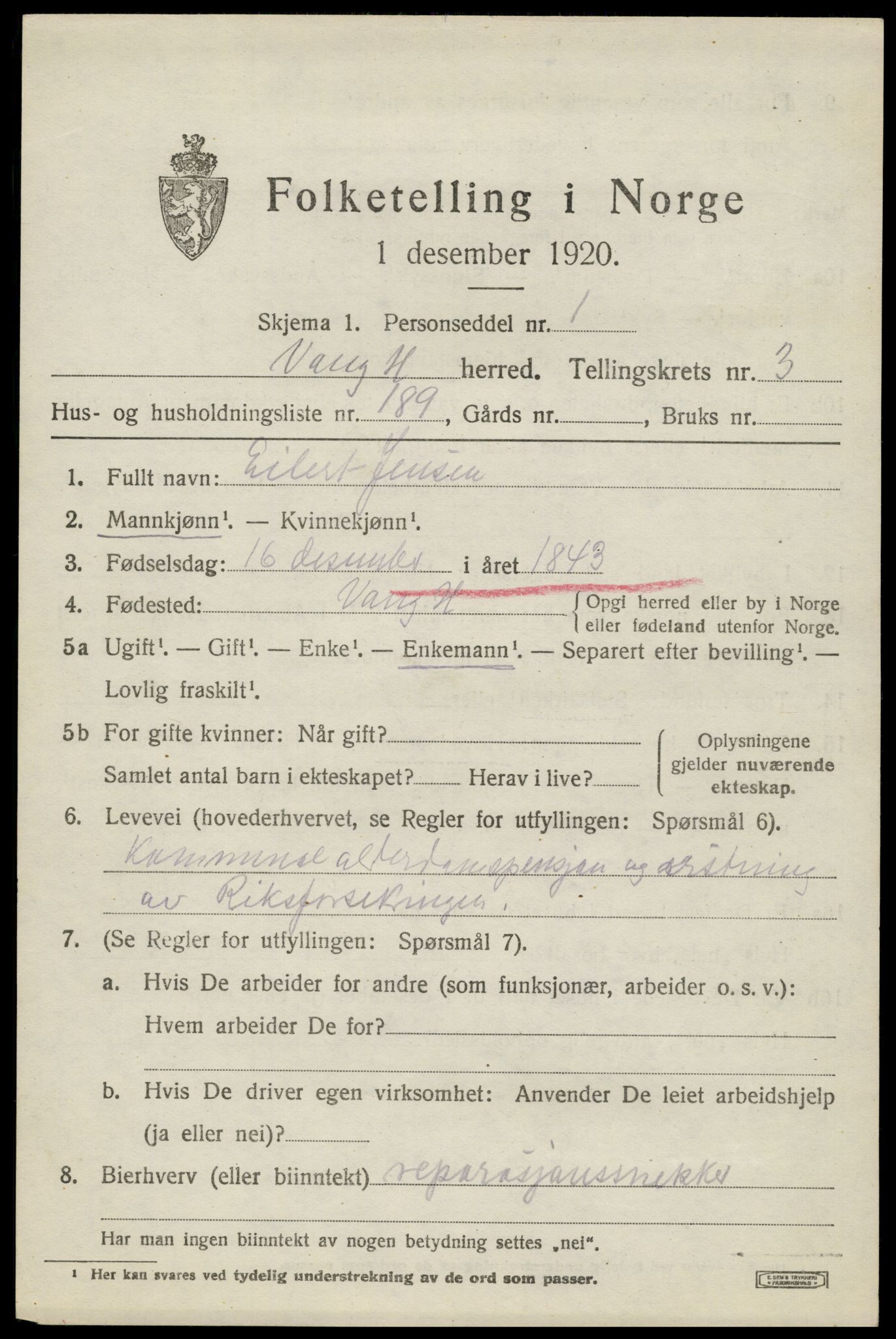 SAH, 1920 census for Vang (Hedmark), 1920, p. 11811