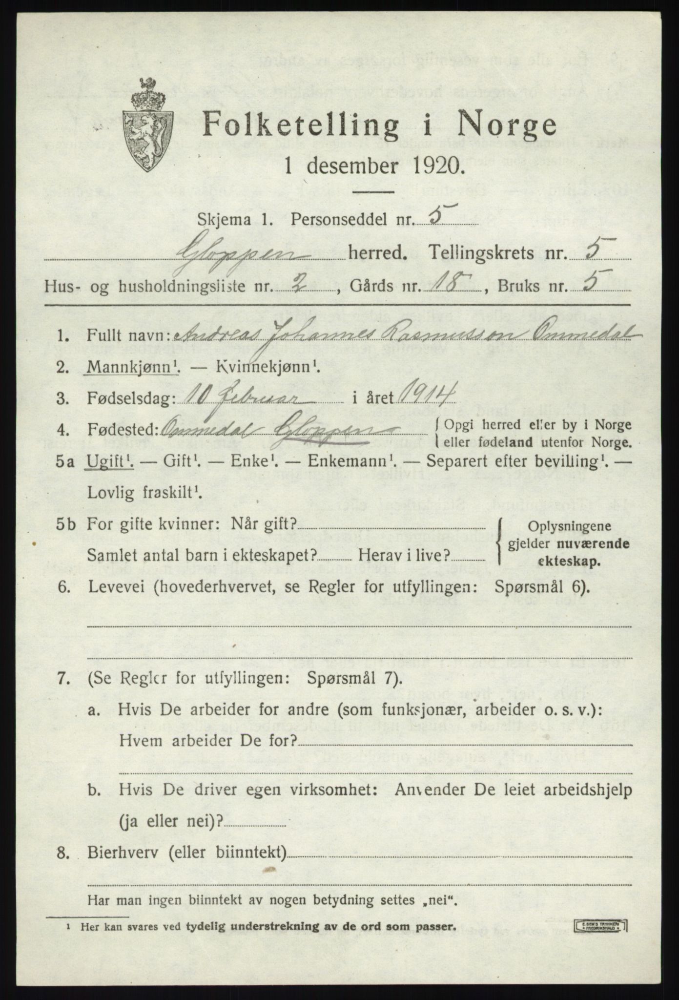 SAB, 1920 census for Gloppen, 1920, p. 3354