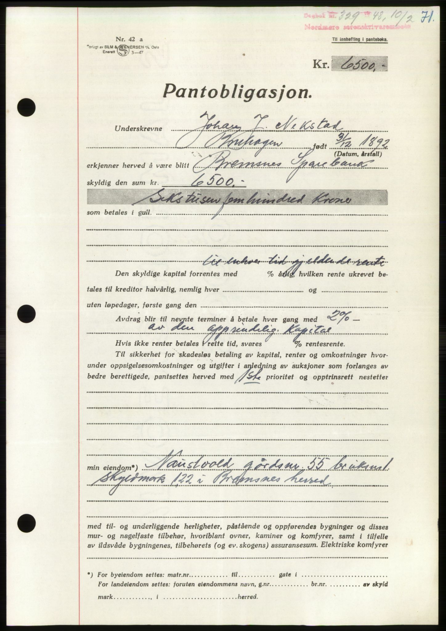 Nordmøre sorenskriveri, AV/SAT-A-4132/1/2/2Ca: Mortgage book no. B98, 1948-1948, Diary no: : 329/1948