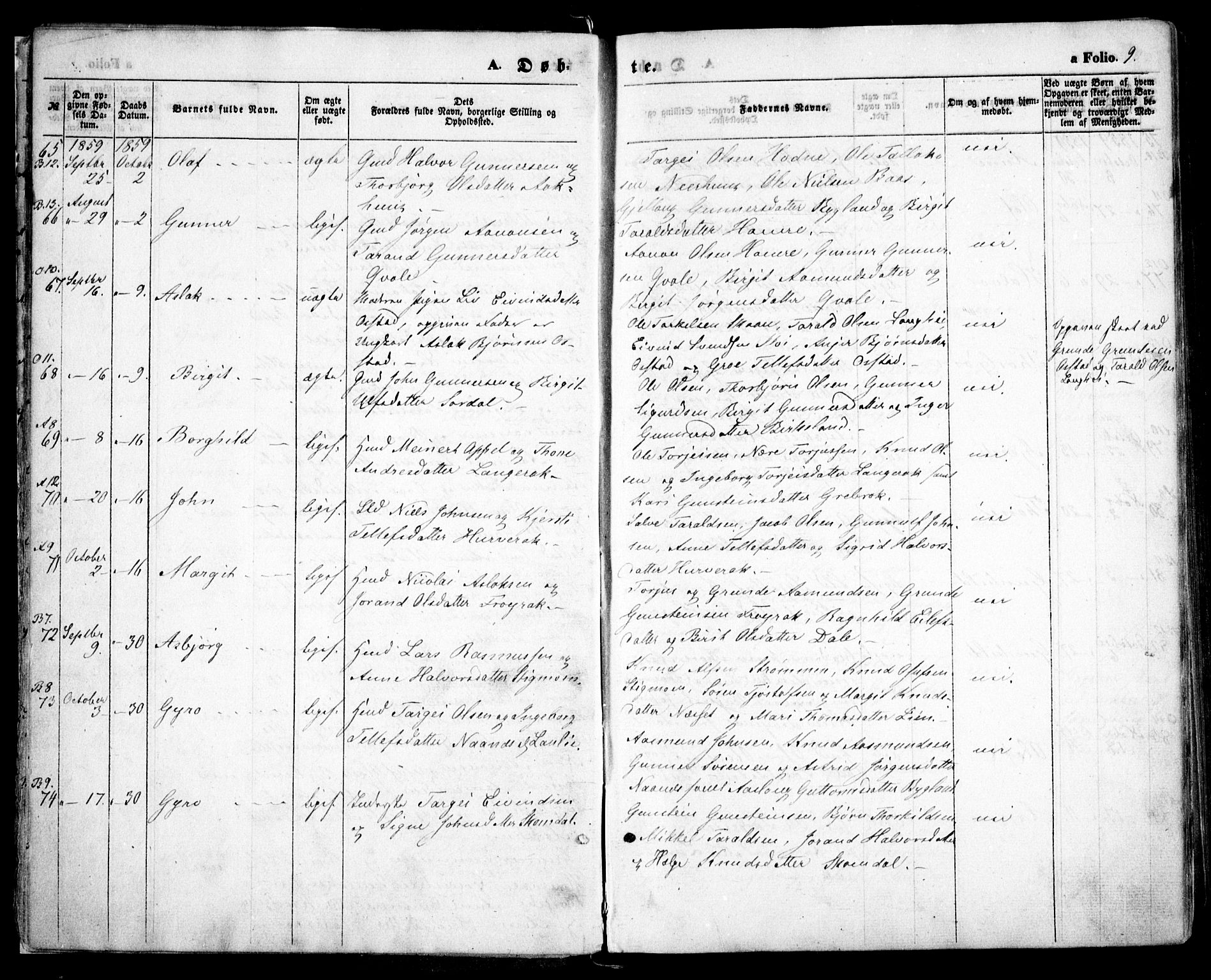 Bygland sokneprestkontor, AV/SAK-1111-0006/F/Fa/Fab/L0005: Parish register (official) no. A 5, 1859-1873, p. 9