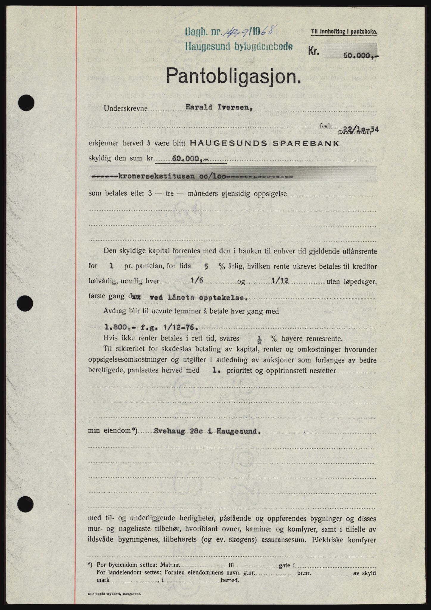Haugesund tingrett, SAST/A-101415/01/II/IIC/L0058: Mortgage book no. B 58, 1967-1968, Diary no: : 1449/1968