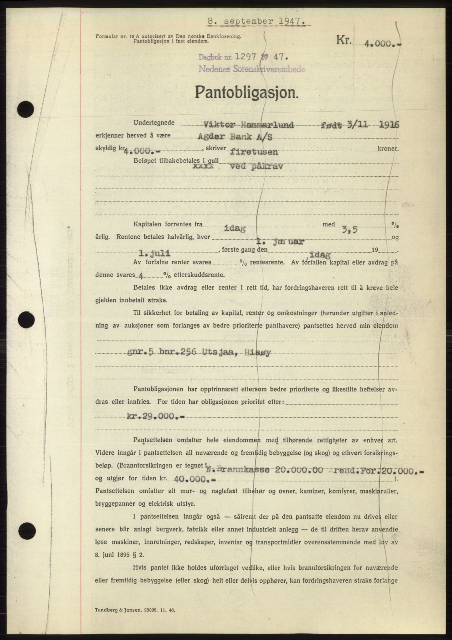 Nedenes sorenskriveri, AV/SAK-1221-0006/G/Gb/Gbb/L0004: Mortgage book no. B4, 1947-1947, Diary no: : 1297/1947