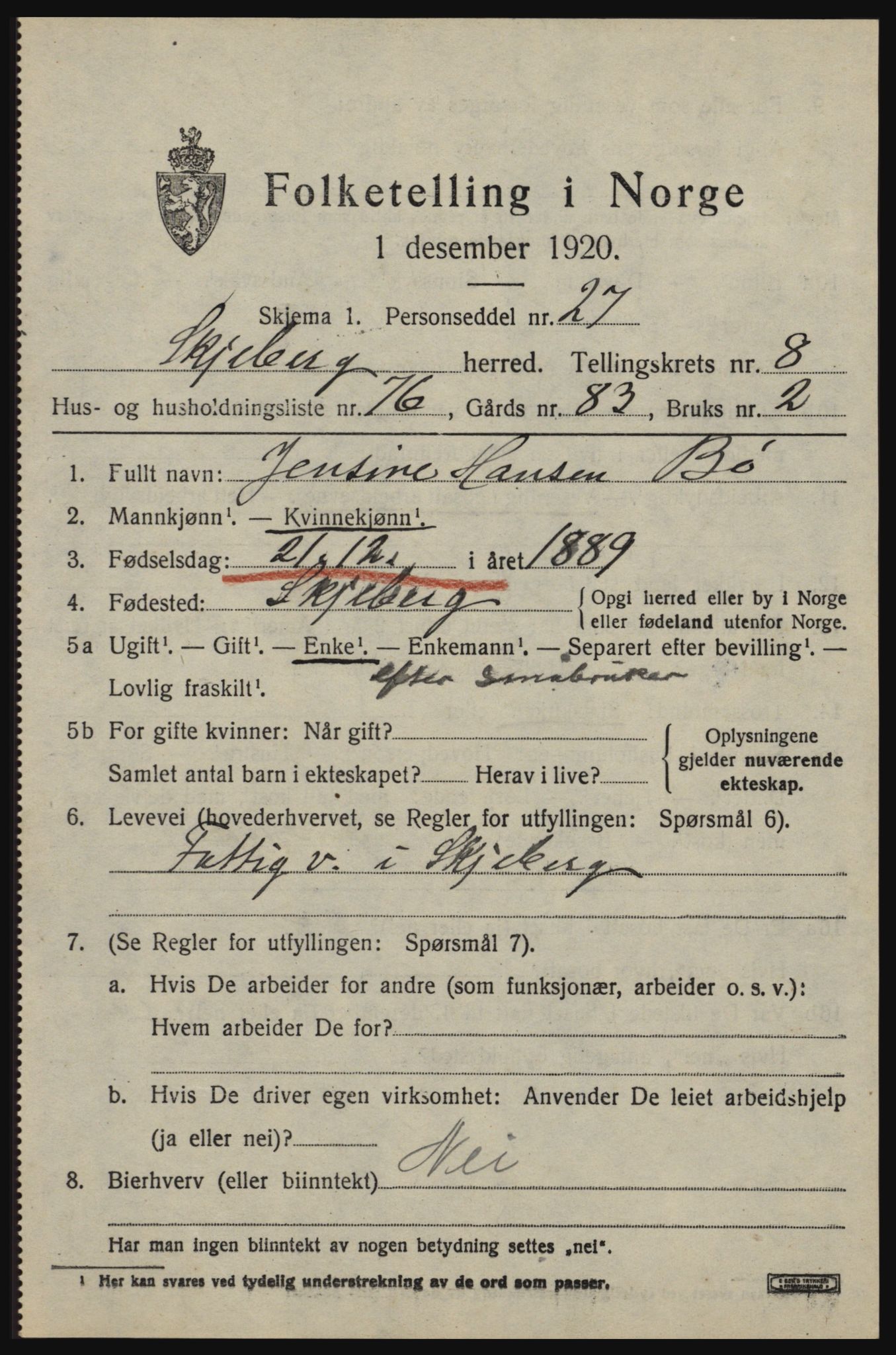 SAO, 1920 census for Skjeberg, 1920, p. 8803