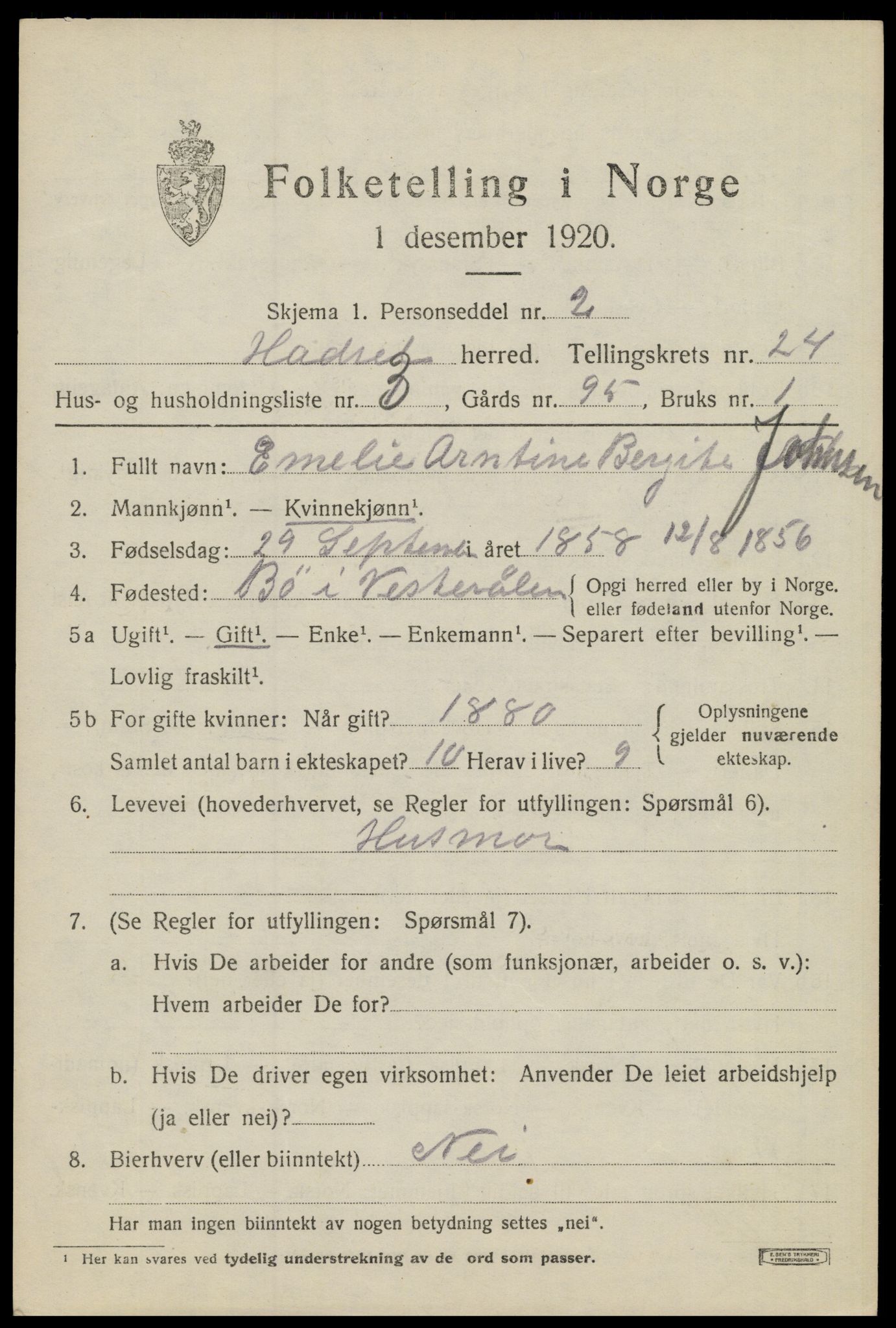 SAT, 1920 census for Hadsel, 1920, p. 21456