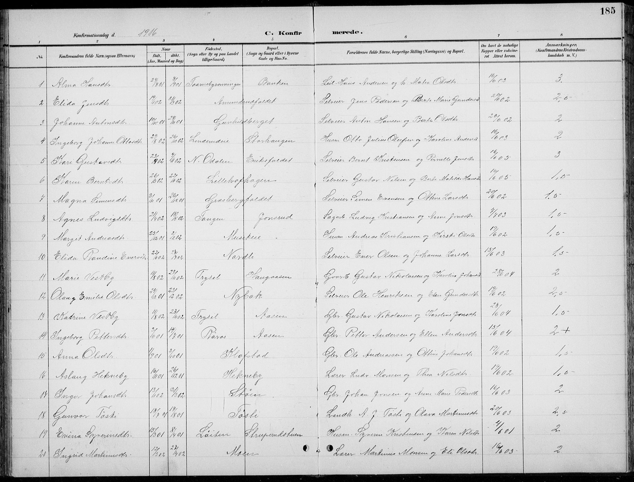 Romedal prestekontor, AV/SAH-PREST-004/L/L0013: Parish register (copy) no. 13, 1896-1937, p. 185