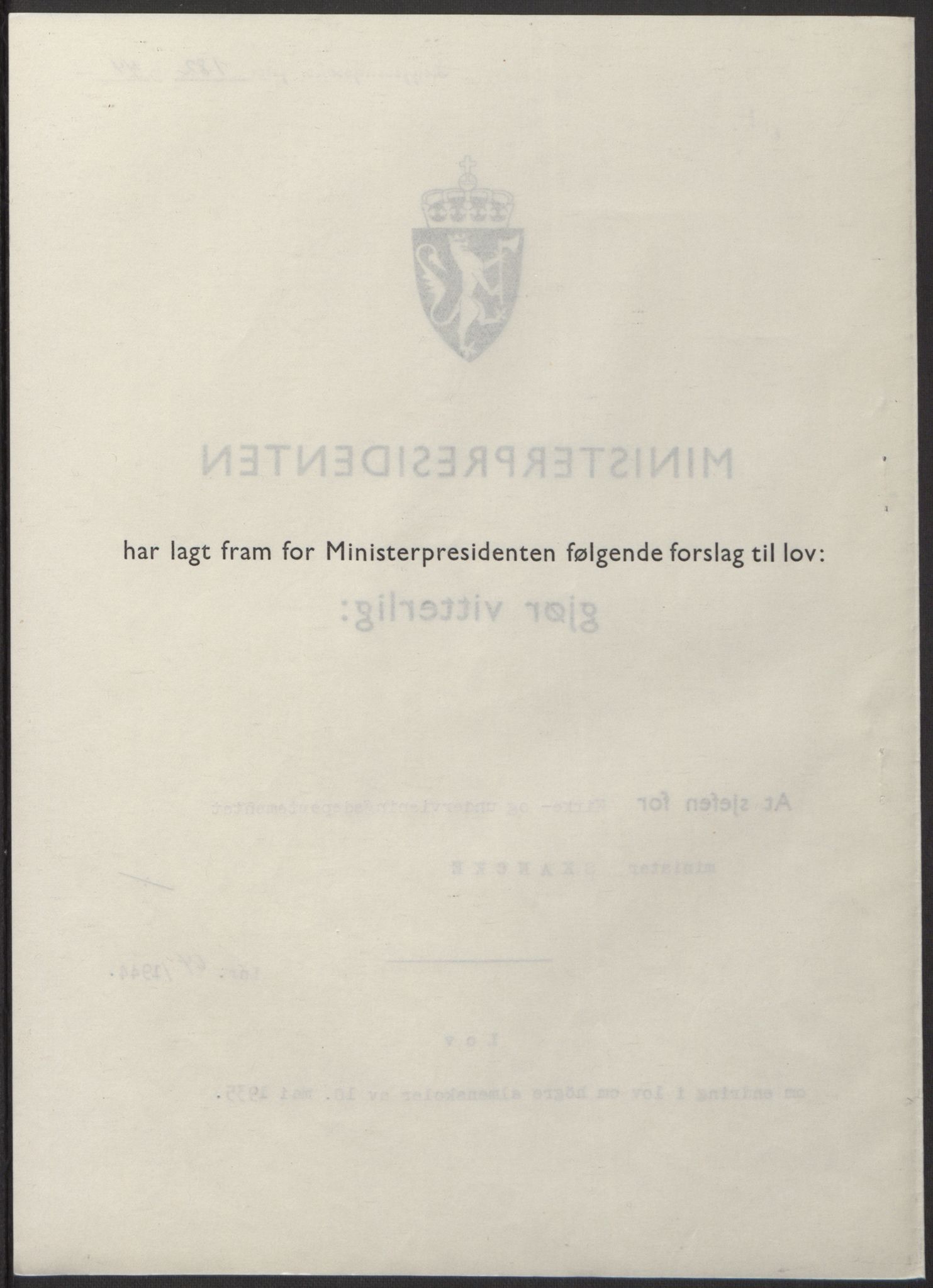 NS-administrasjonen 1940-1945 (Statsrådsekretariatet, de kommisariske statsråder mm), AV/RA-S-4279/D/Db/L0100: Lover, 1944, p. 304