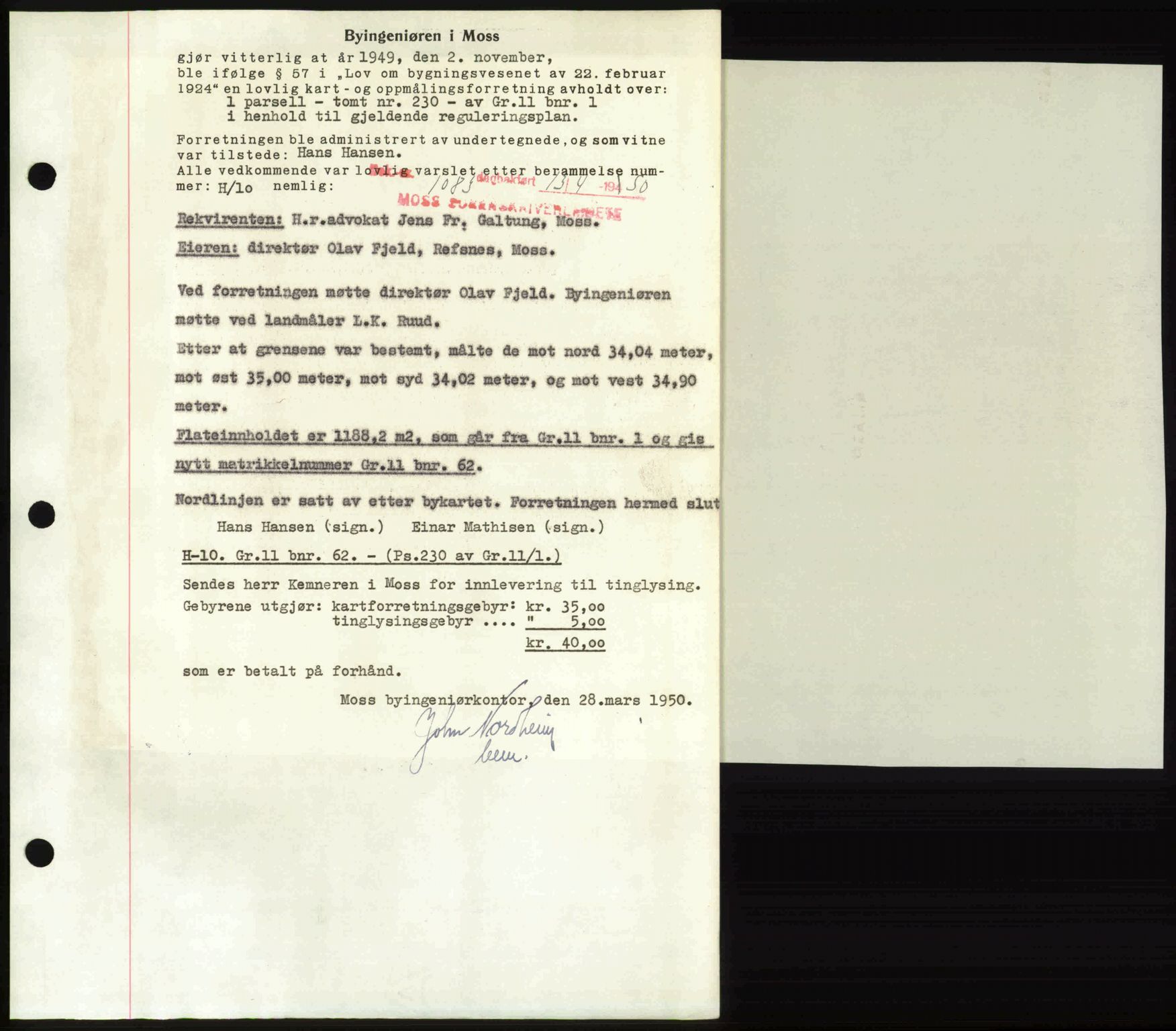 Moss sorenskriveri, SAO/A-10168: Mortgage book no. A25, 1950-1950, Diary no: : 1083/1950