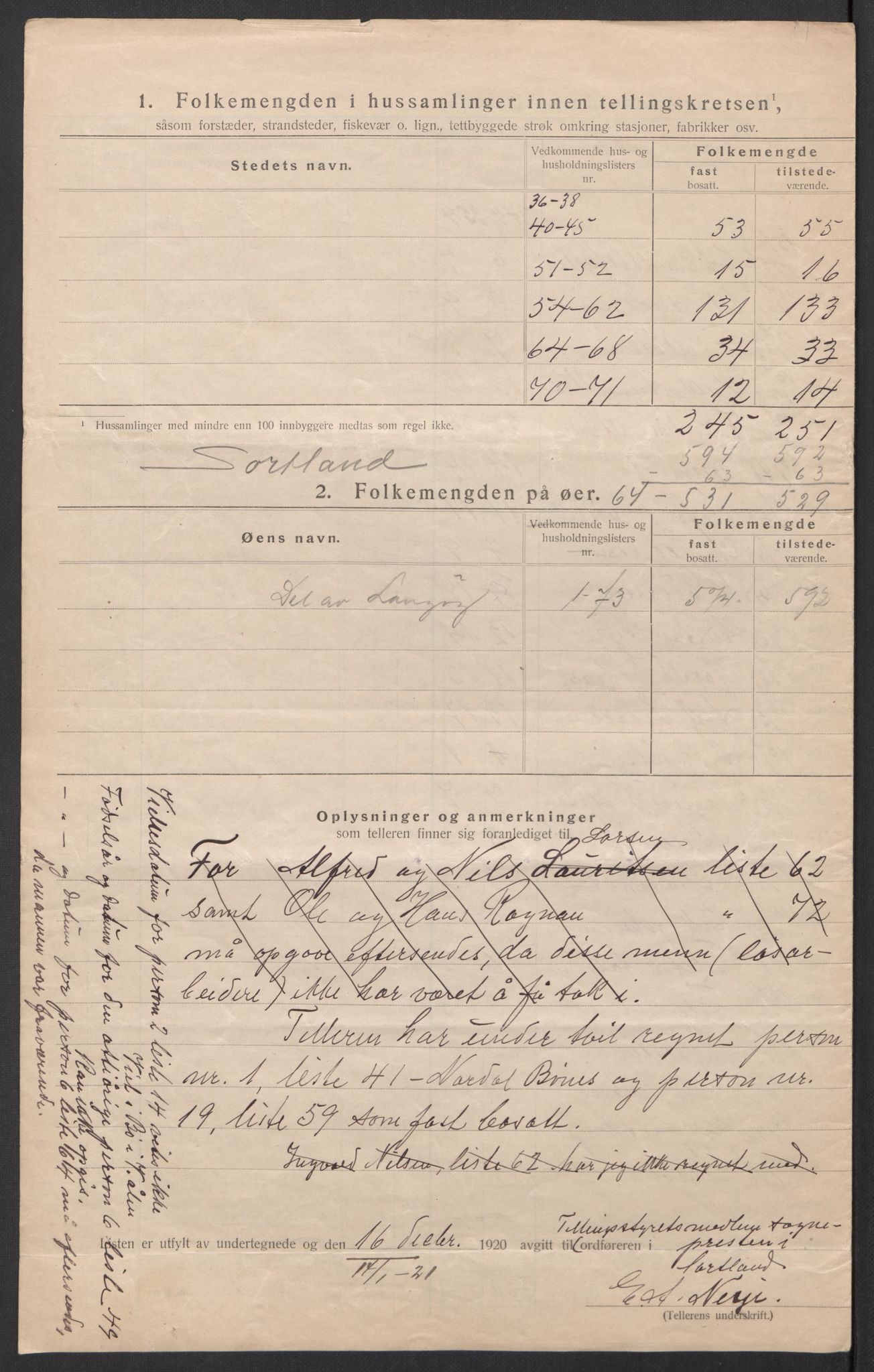 SAT, 1920 census for Sortland, 1920, p. 22