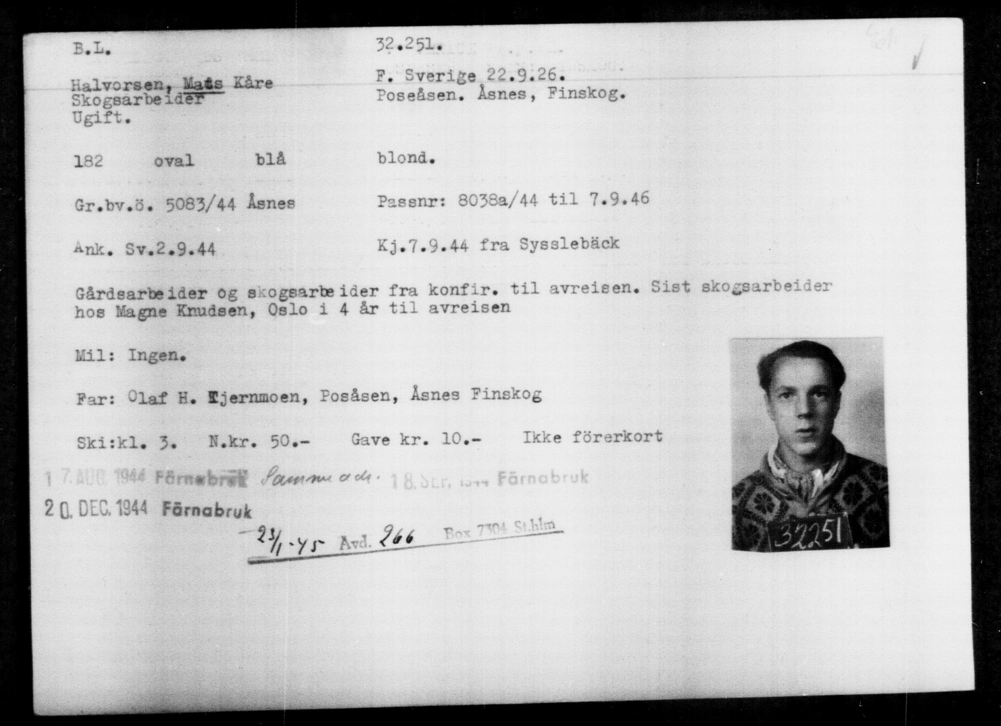 Utenriksstasjonene, Legasjonen i Stockholm, Flyktningkontoret, AV/RA-S-6753/V/Va/L0013: Kjesäterkartoteket, flyktninger med registreringsnr. 31500-34731, 1940-1945, p. 799