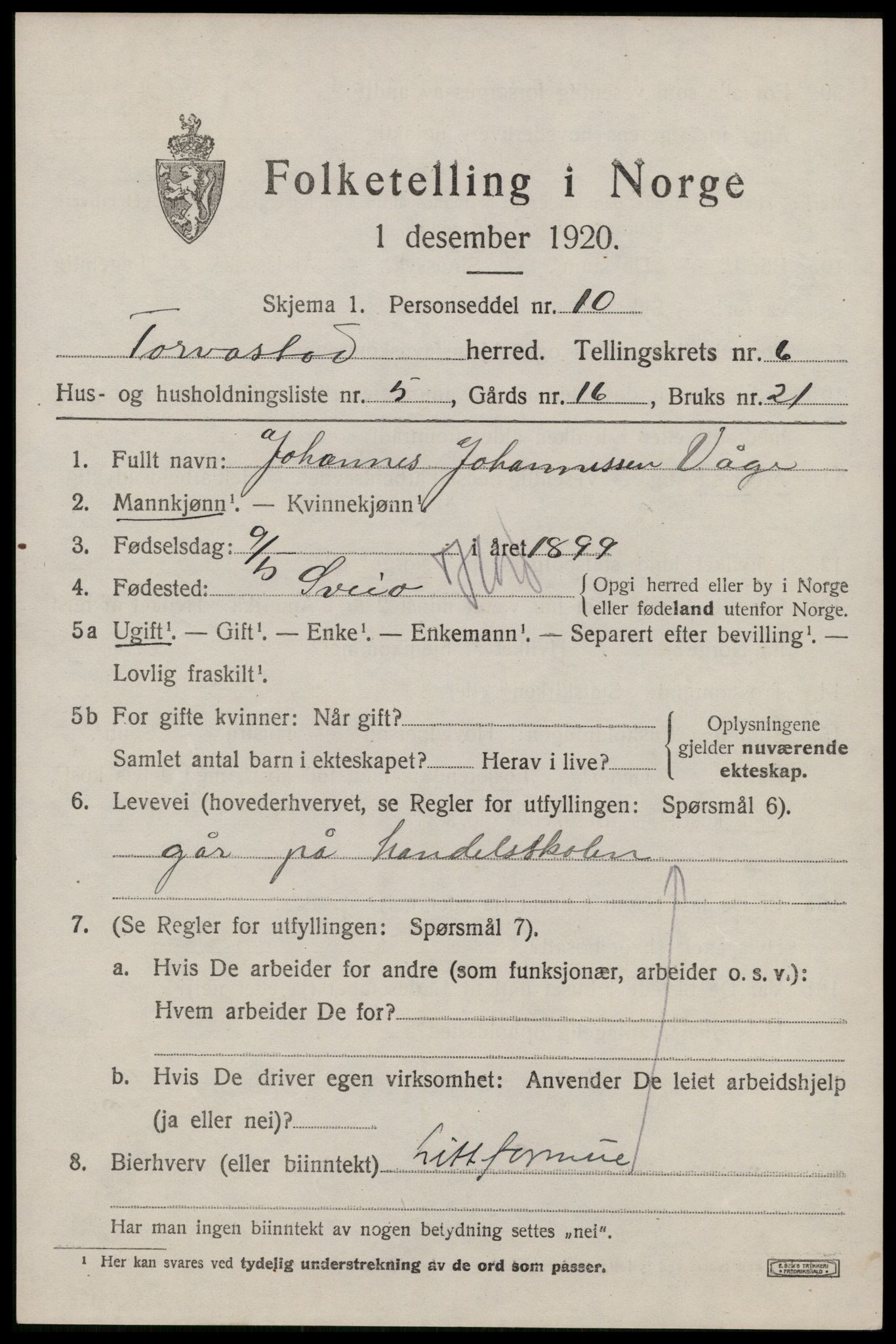 SAST, 1920 census for Torvastad, 1920, p. 4980