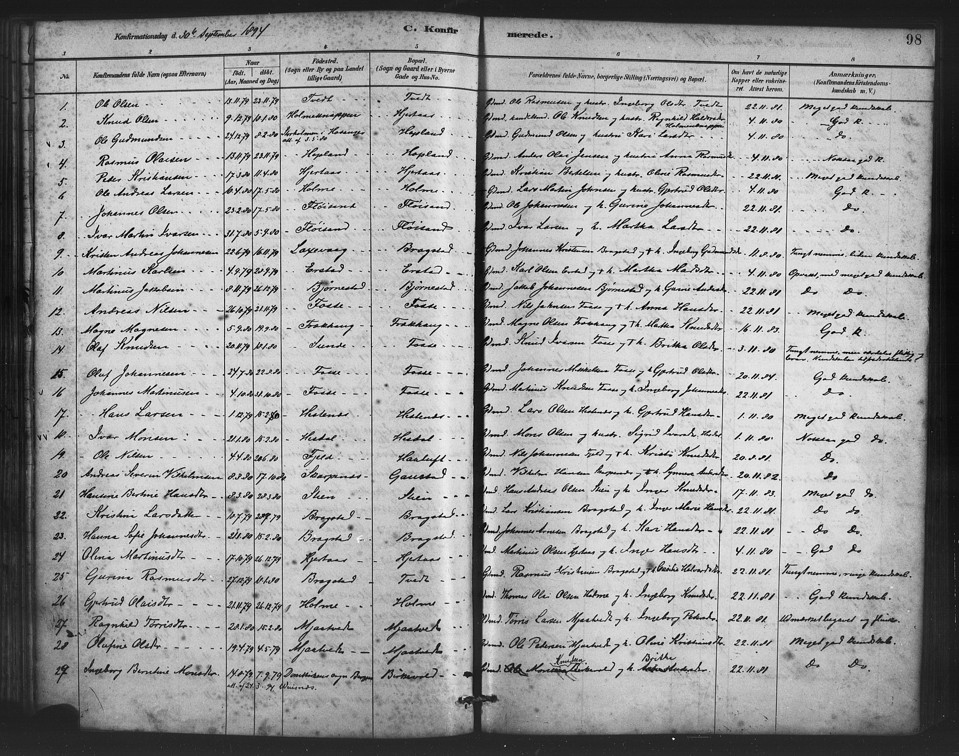 Alversund Sokneprestembete, SAB/A-73901/H/Ha/Haa/Haac/L0001: Parish register (official) no. C 1, 1882-1900, p. 98