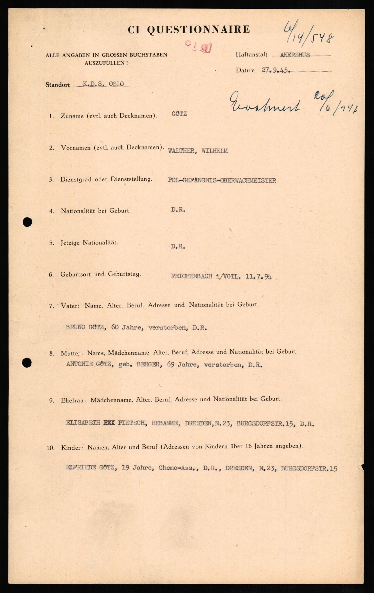 Forsvaret, Forsvarets overkommando II, RA/RAFA-3915/D/Db/L0011: CI Questionaires. Tyske okkupasjonsstyrker i Norge. Tyskere., 1945-1946, p. 71