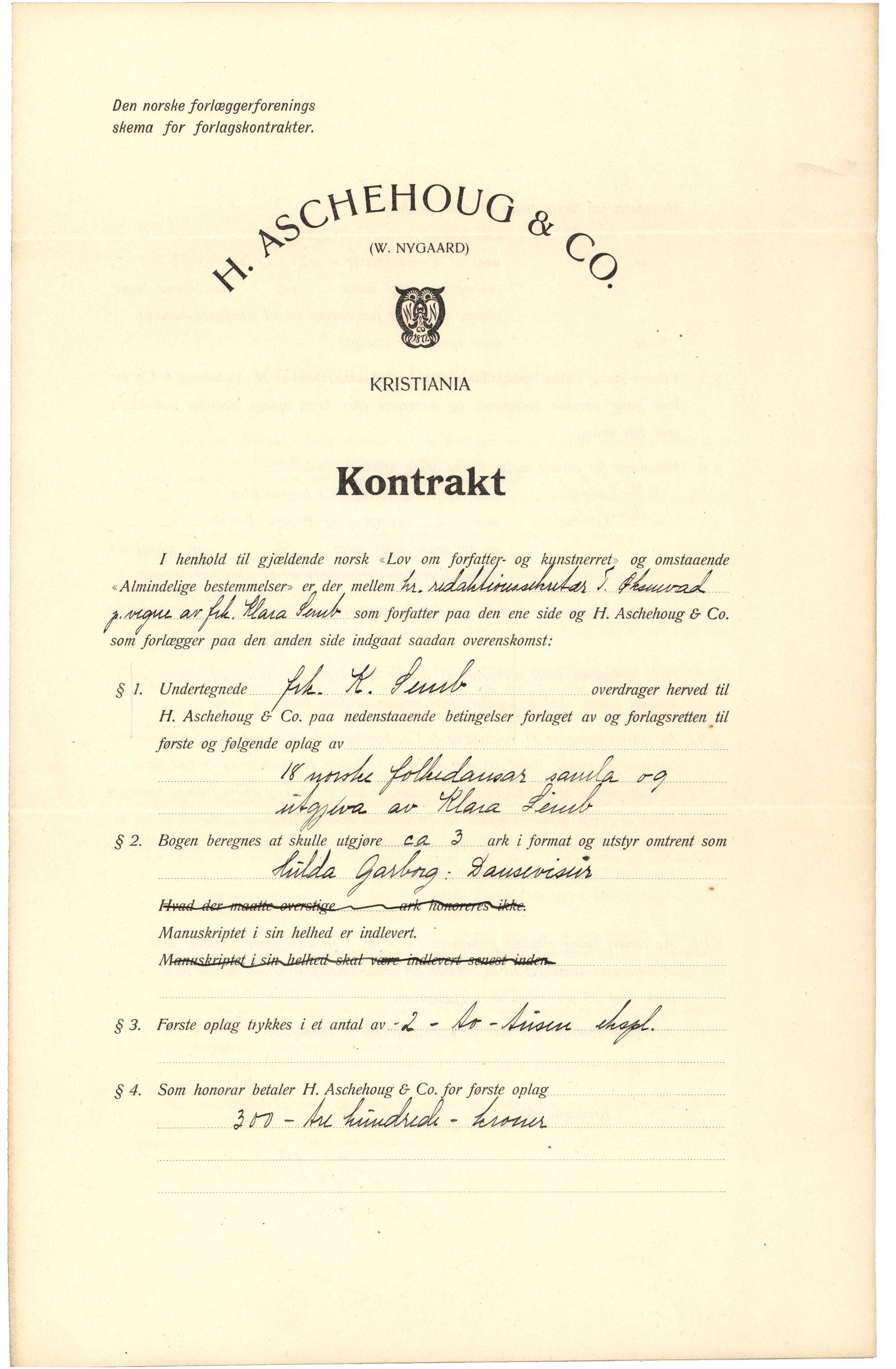 Samling etter Klara Semb, NSFF/KS/A/029: Kontrakt mellom Klara Semb og H. Aschehoug & Co om "18 Norske folkedansar", 1917