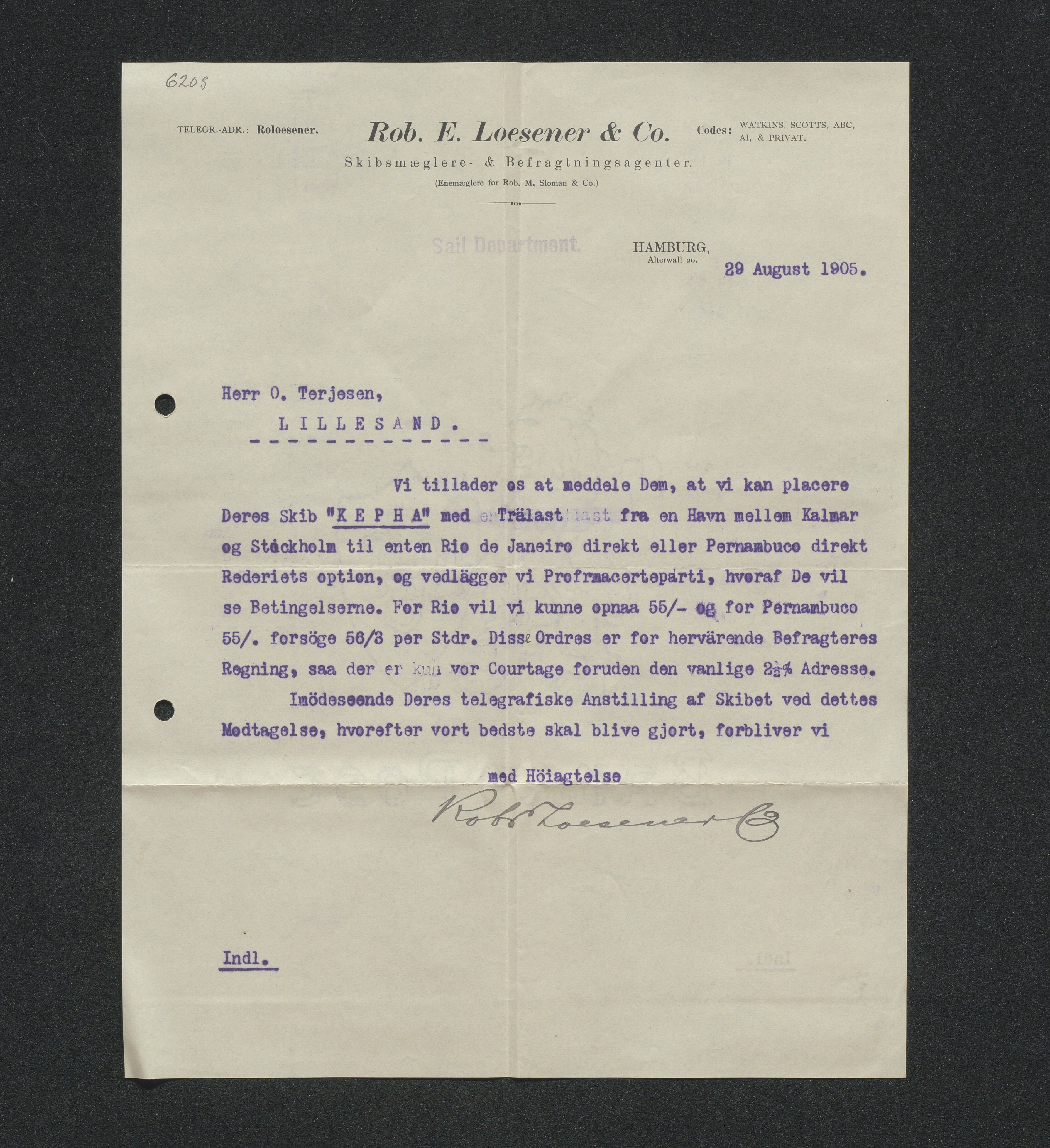 O. Terjesens rederi, AAKS/PA-2525/E/E01/L0013: Korrespondanse, 1904-1905