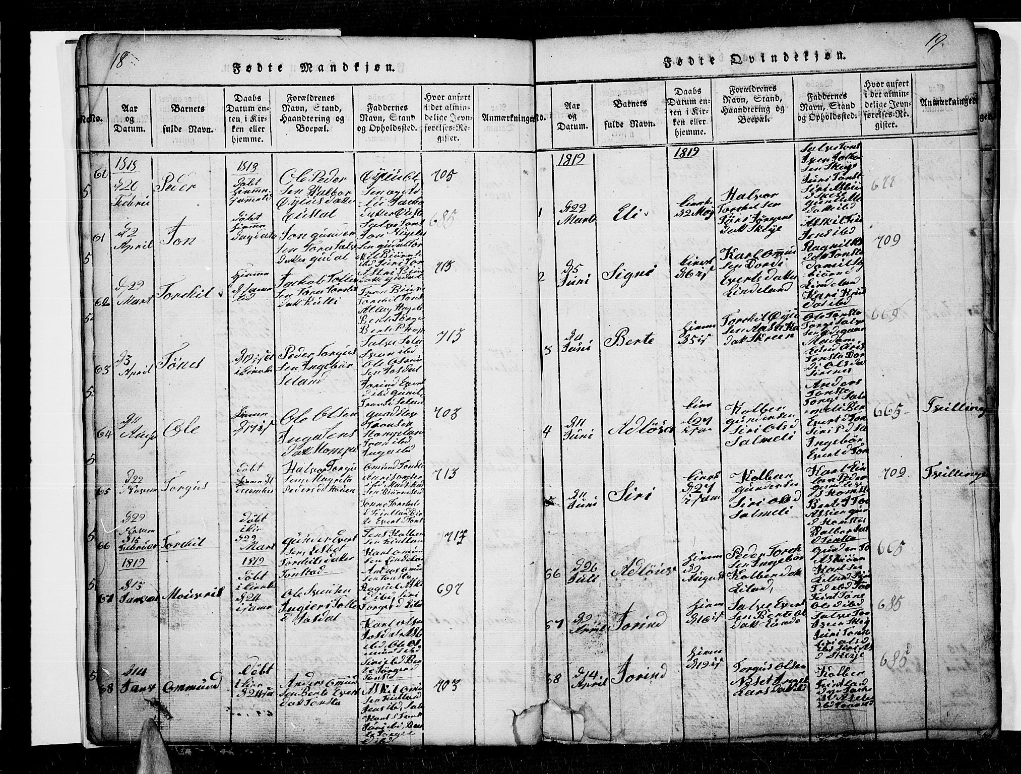 Sirdal sokneprestkontor, AV/SAK-1111-0036/F/Fb/Fbb/L0001: Parish register (copy) no. B 1, 1815-1834, p. 18-19