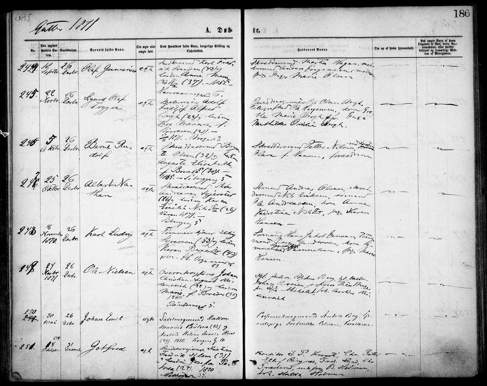 Oslo domkirke Kirkebøker, SAO/A-10752/F/Fa/L0017: Parish register (official) no. 17, 1869-1878, p. 186