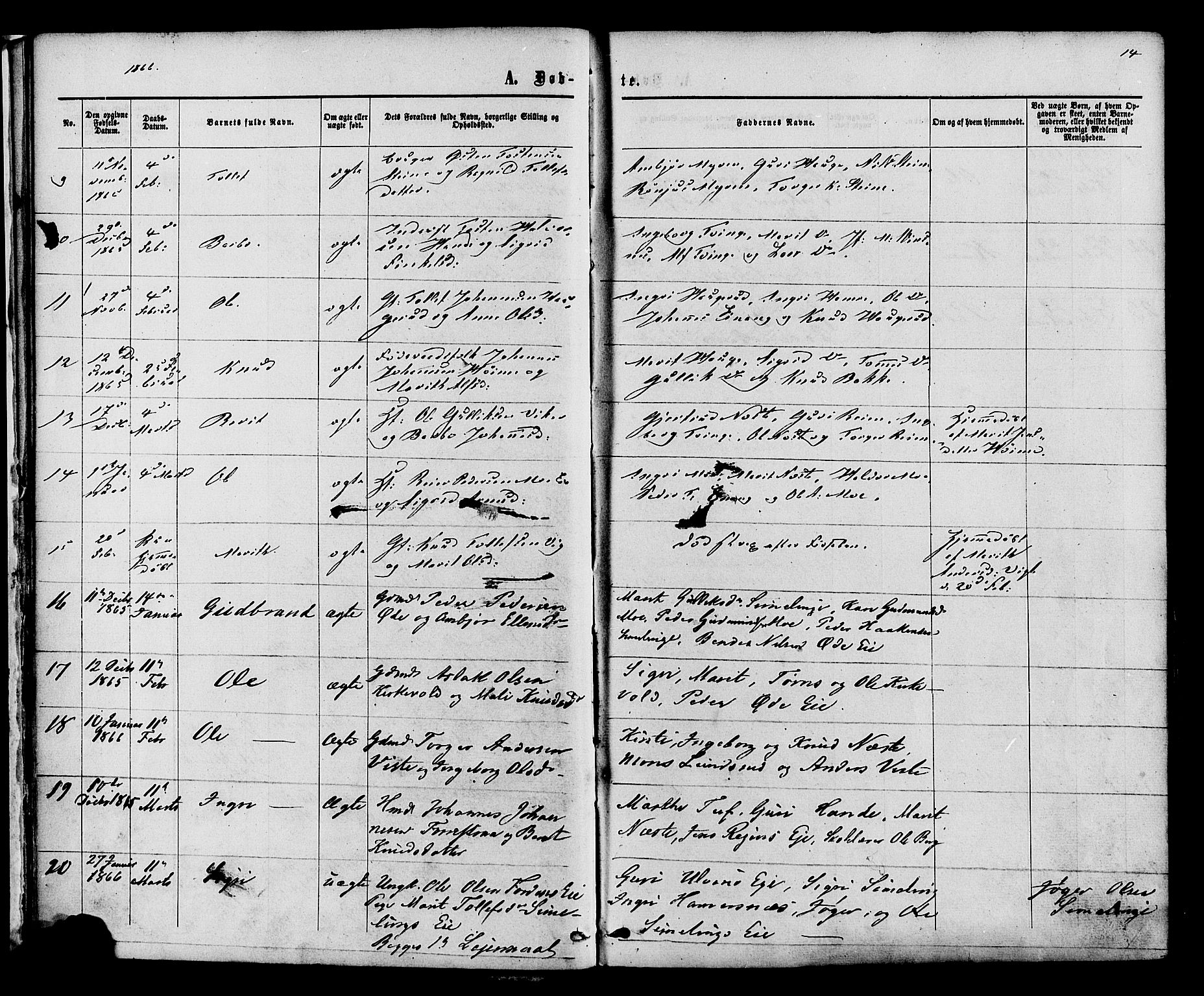 Vestre Slidre prestekontor, SAH/PREST-136/H/Ha/Haa/L0003: Parish register (official) no. 3, 1865-1880, p. 14