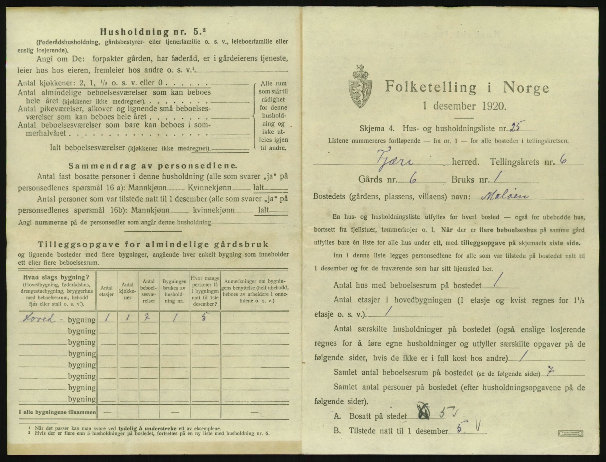 SAK, 1920 census for Fjære, 1920, p. 1237