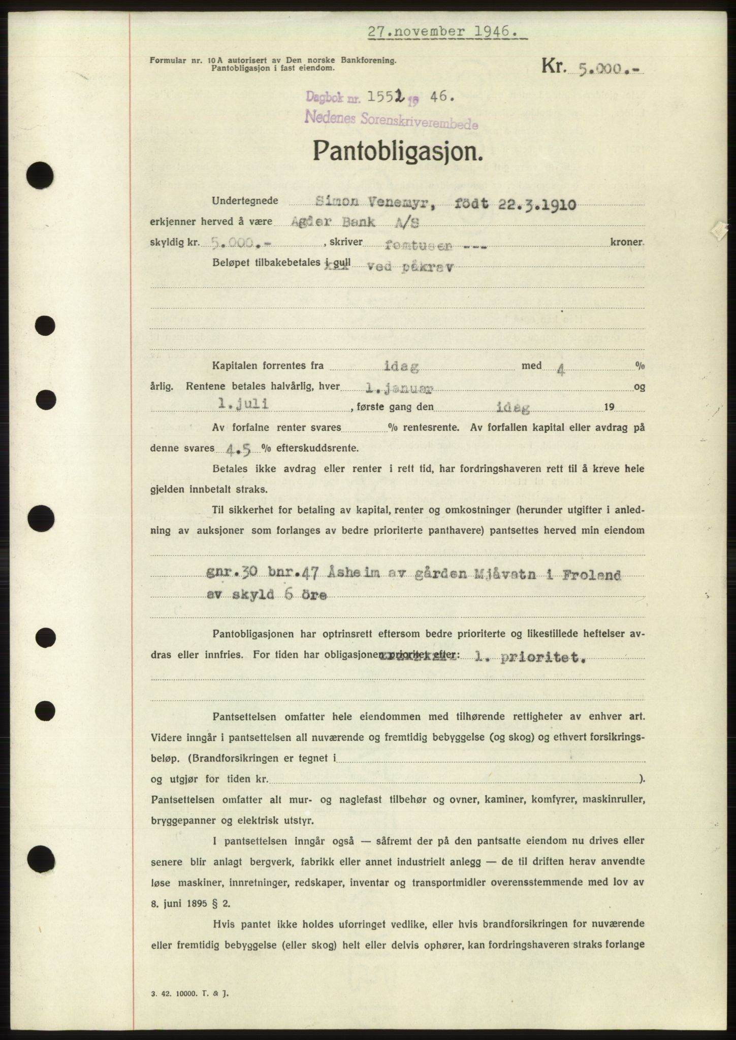 Nedenes sorenskriveri, SAK/1221-0006/G/Gb/Gbb/L0003: Mortgage book no. B3b, 1946-1946, Diary no: : 1552/1946